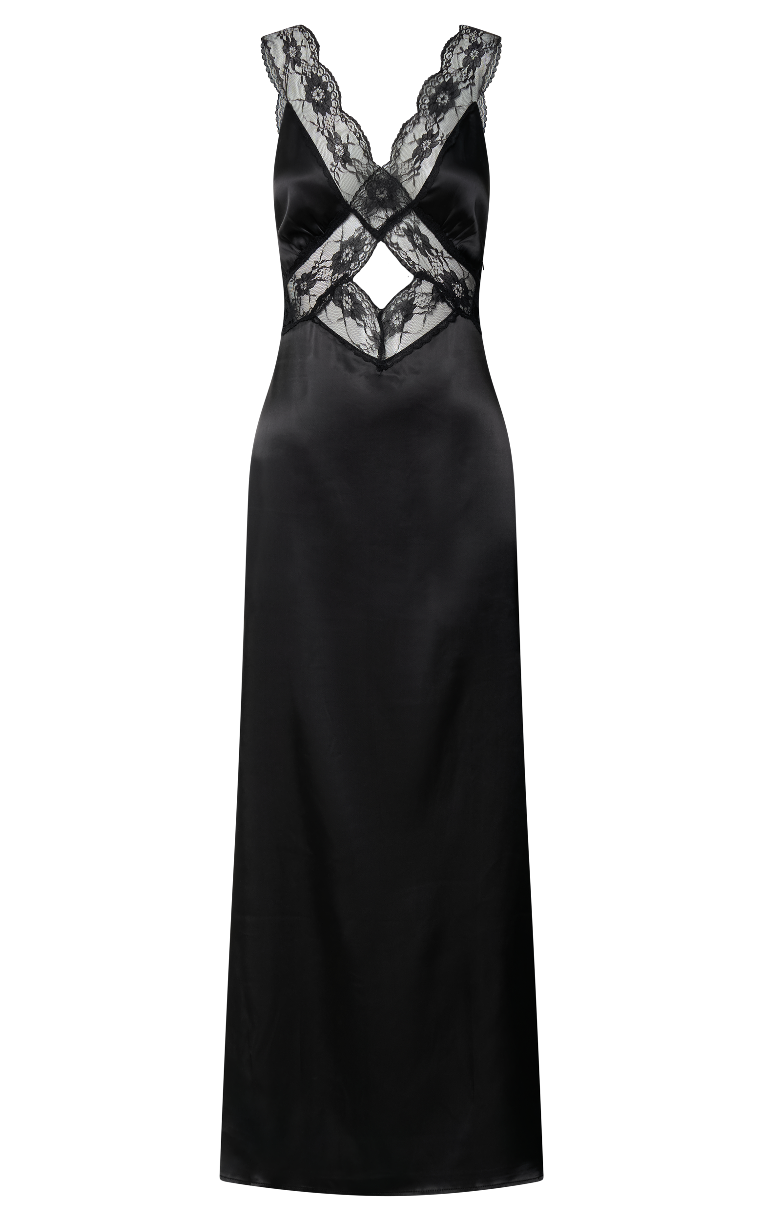 Alysia Maxi Dress - V Neck Lace Detail Slip Dress in Black