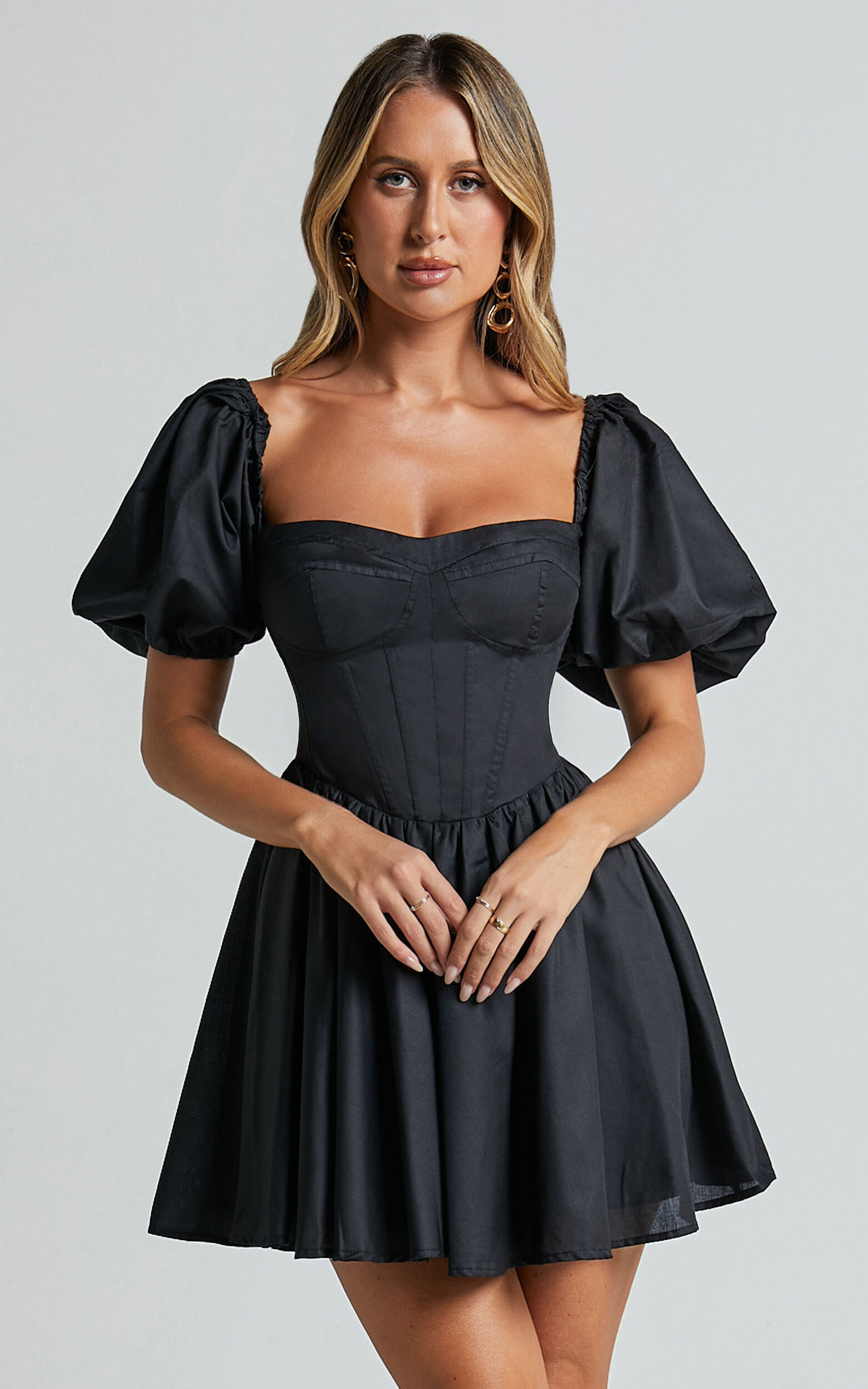 Souza Mini Dress - Fit and Flare Puff Sleeve Corset Dress in Black