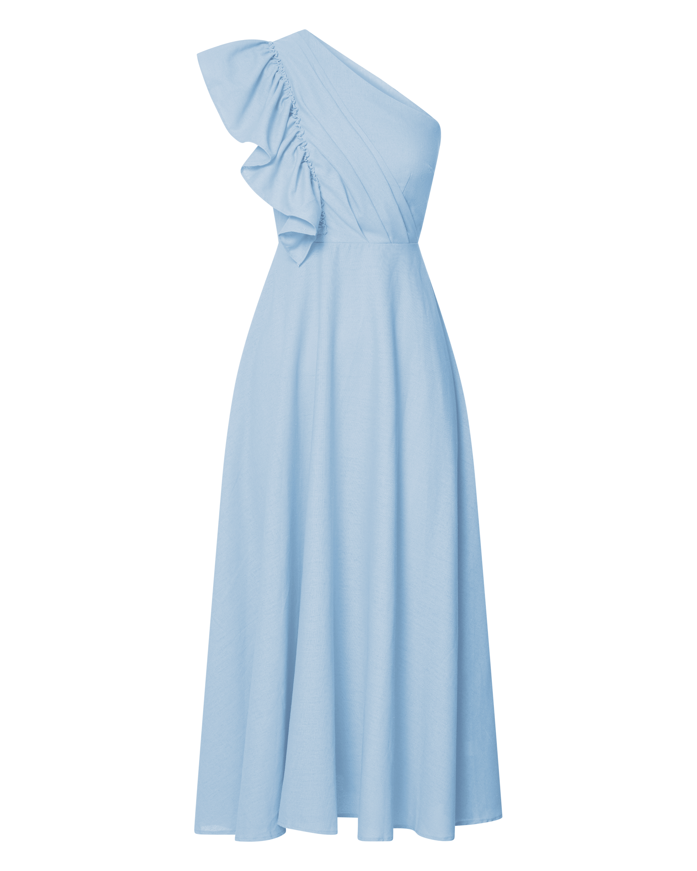 Dixie Midi Dress - Linen Look One Shoulder Ruffle Dress in Blue