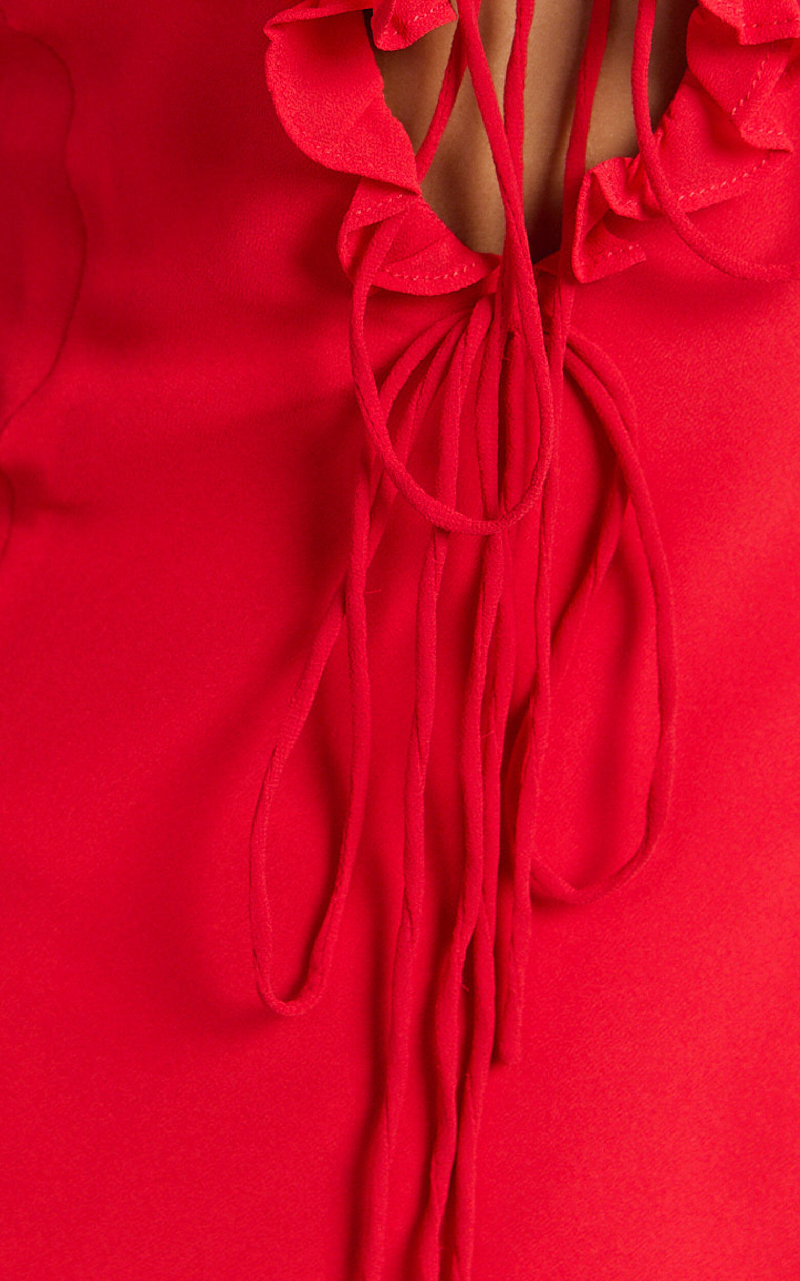 Alesya Mini Dress - Ruffle Plunge Neck Long Sleeve Tie Detail Dress in Red