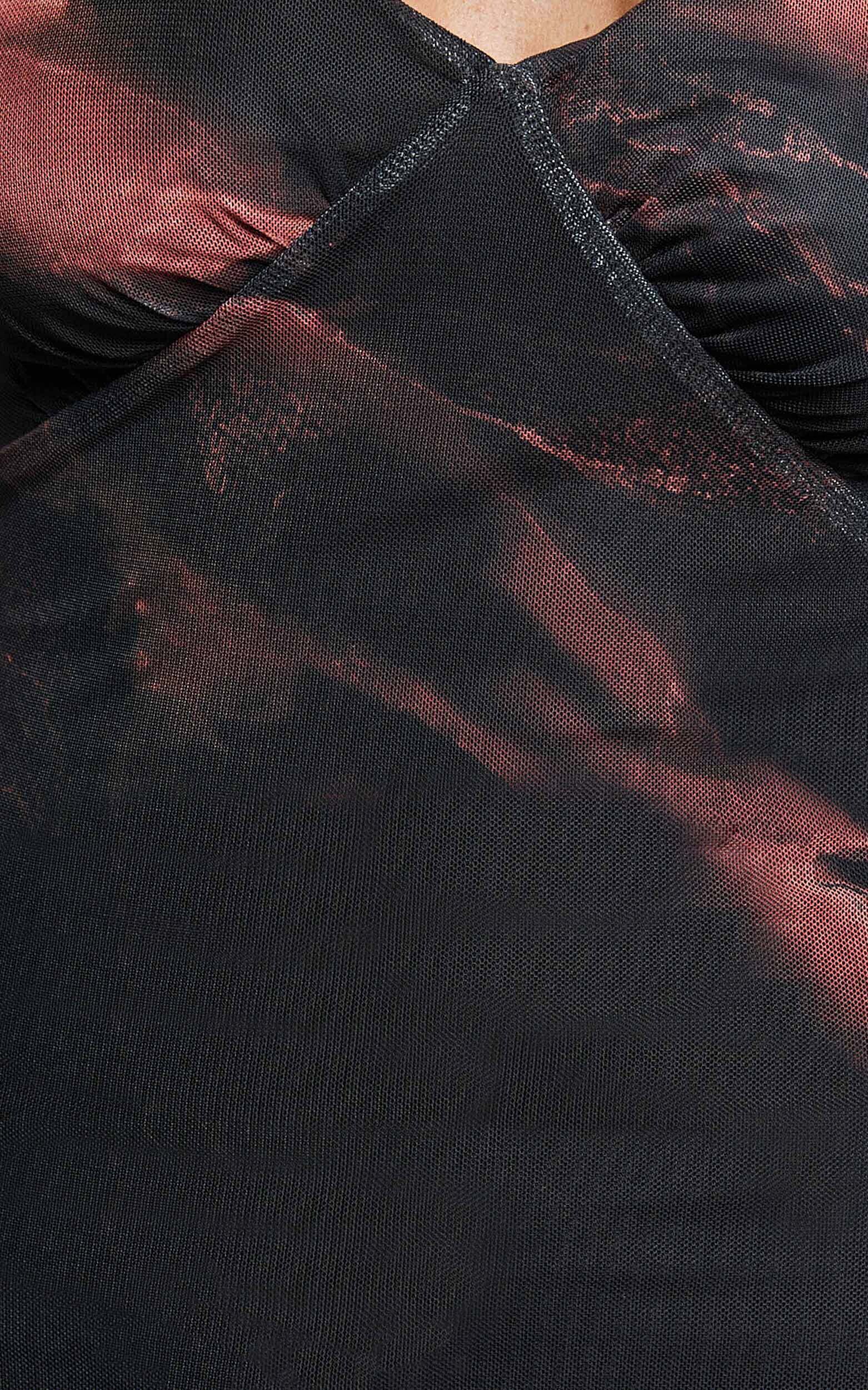 Rashida Midi Dress - V Neck Mesh Printed Dress in Dark Tie Dye