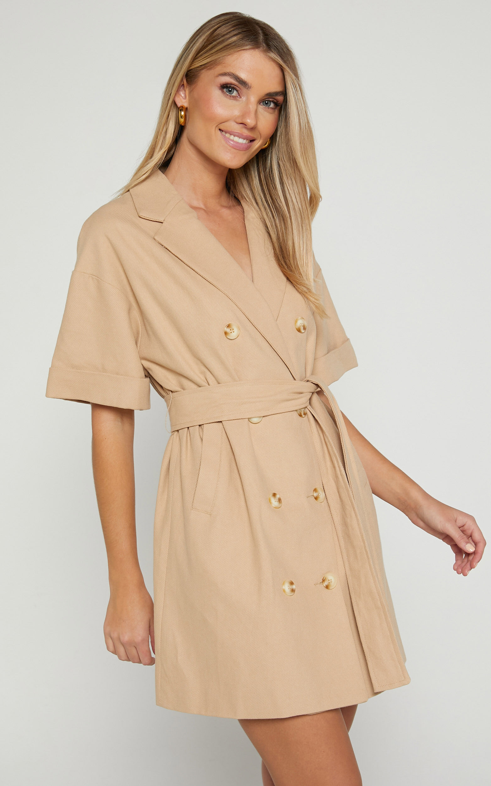 Cyrus Mini Dress - Waist Wrap Short Sleeve Blazer Mini Dress in Stone