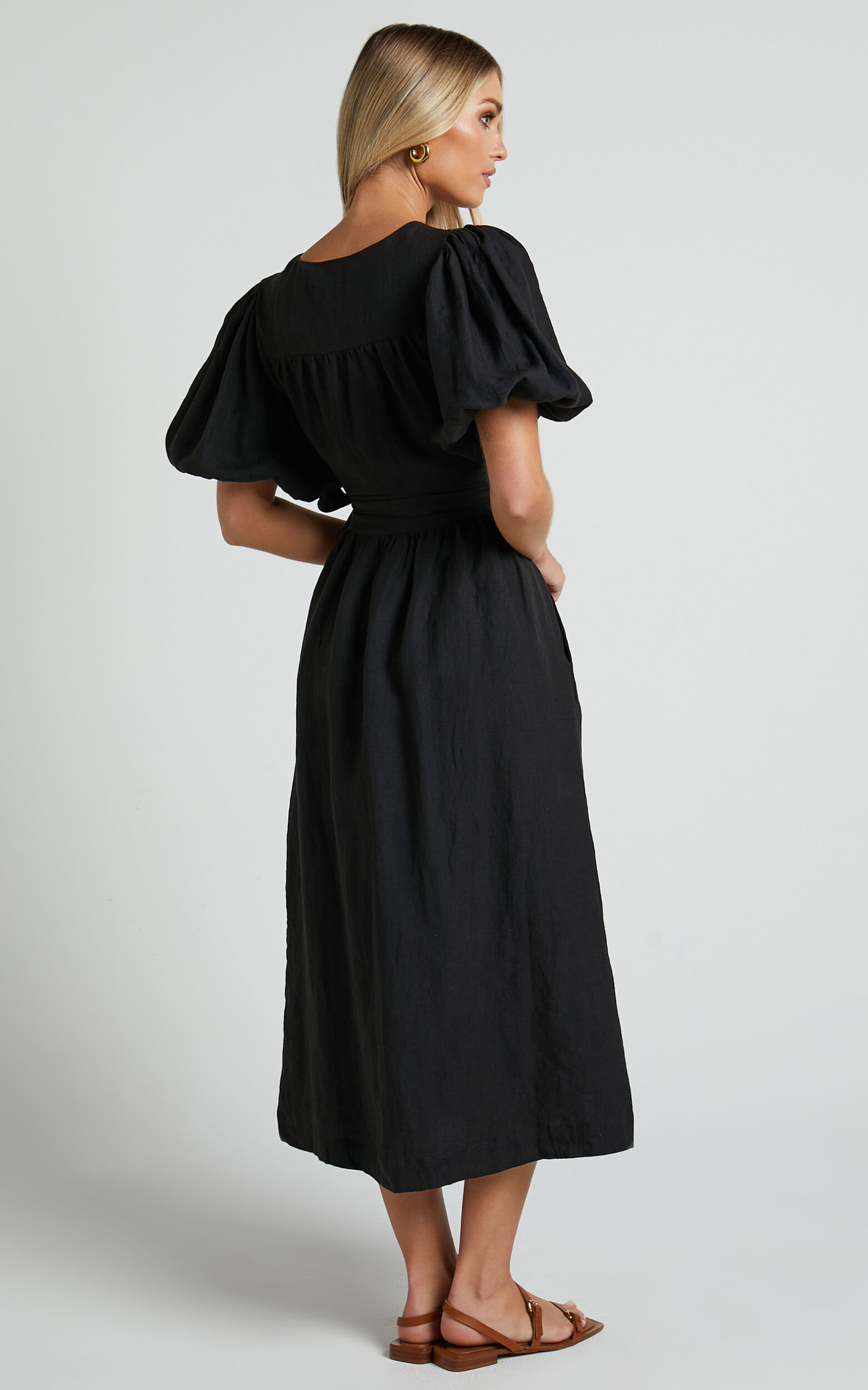 Amalie The Label - Franc Linen Puff Sleeve Wrap Midi Linen Dress in Black