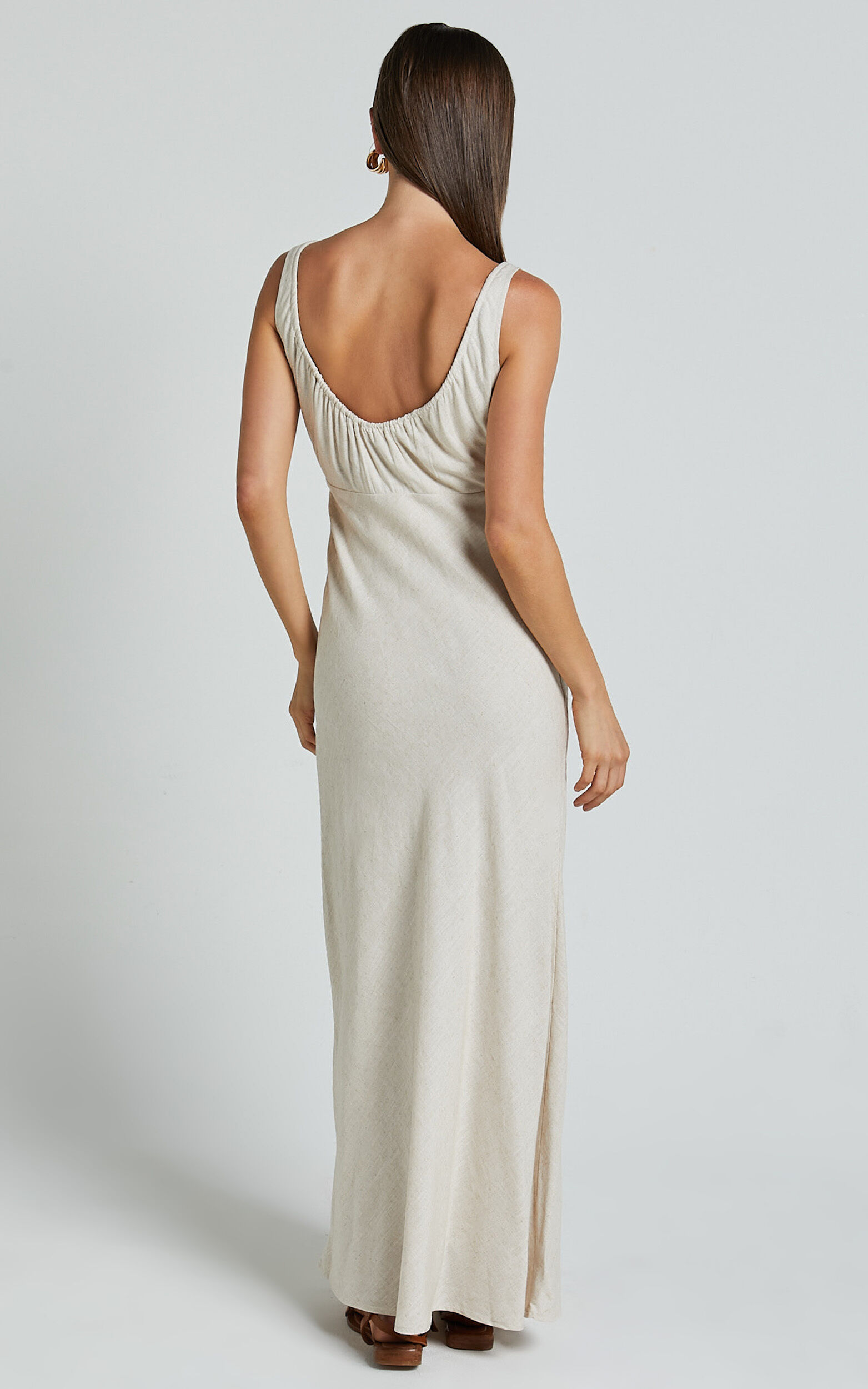 Lucas Midi Dress - Ruched Bust Linen Dress in Natural