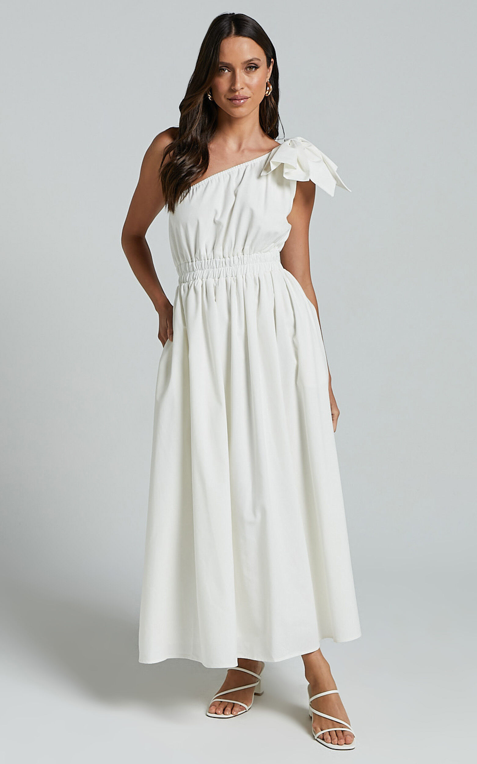 Alby Midi Dress - One Shoulder Bow Dress With Elasticated Waist in White