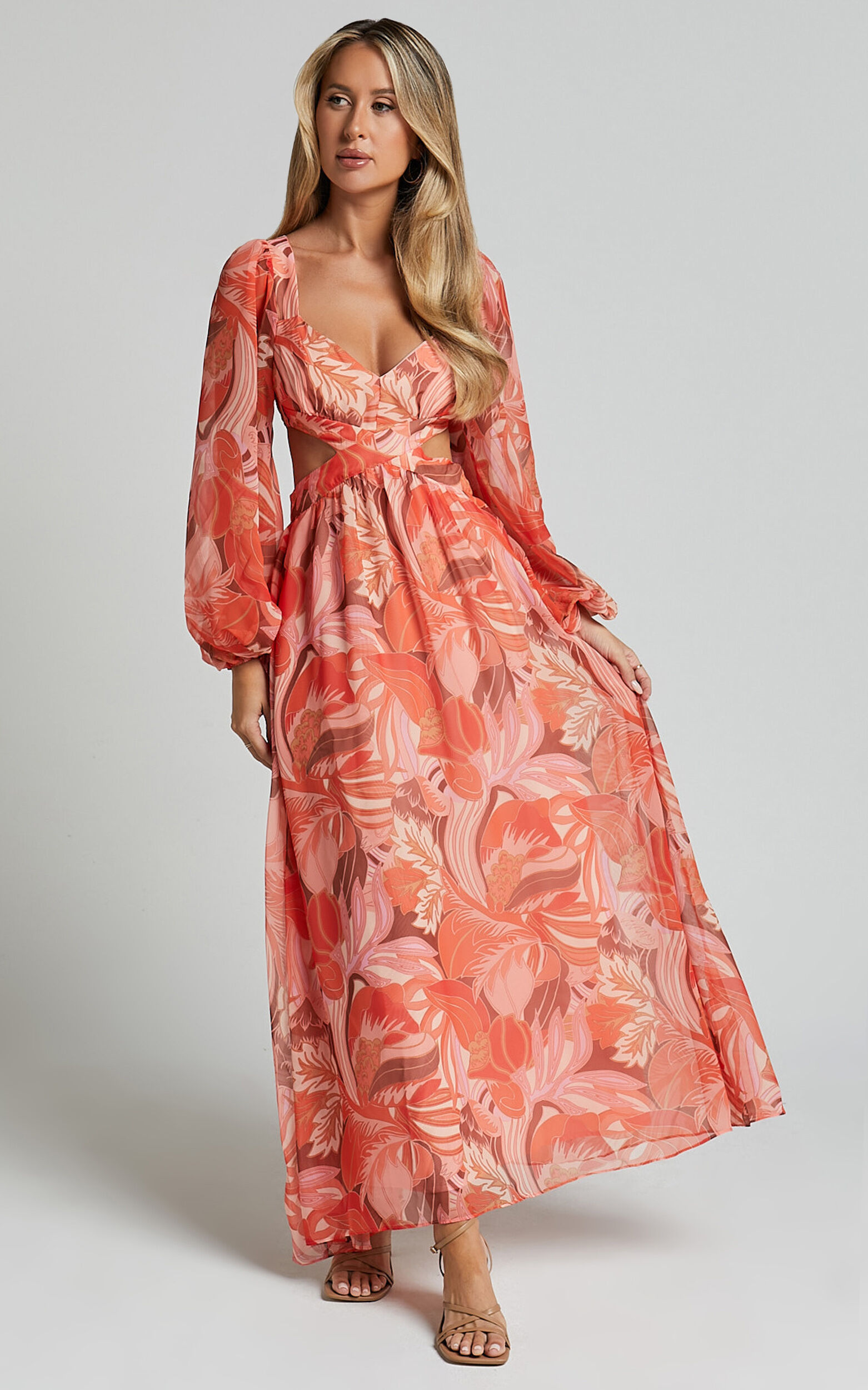 Deborah Midi Dress - Ballon Sleeve V Neck Side Cut Out Dress in Orange Floral