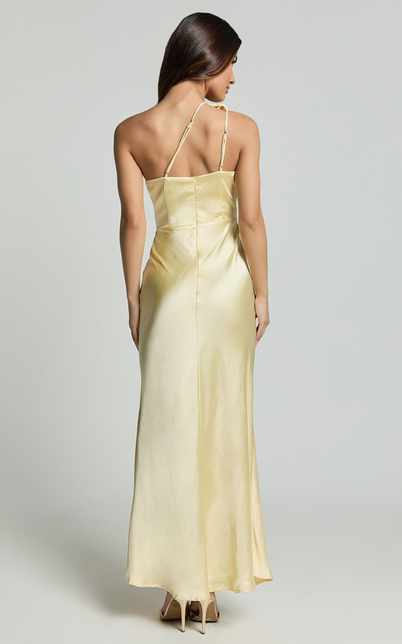 Estella Midi Dress - Asymmetrical Lace Detail Waist Slip Dress in Butter