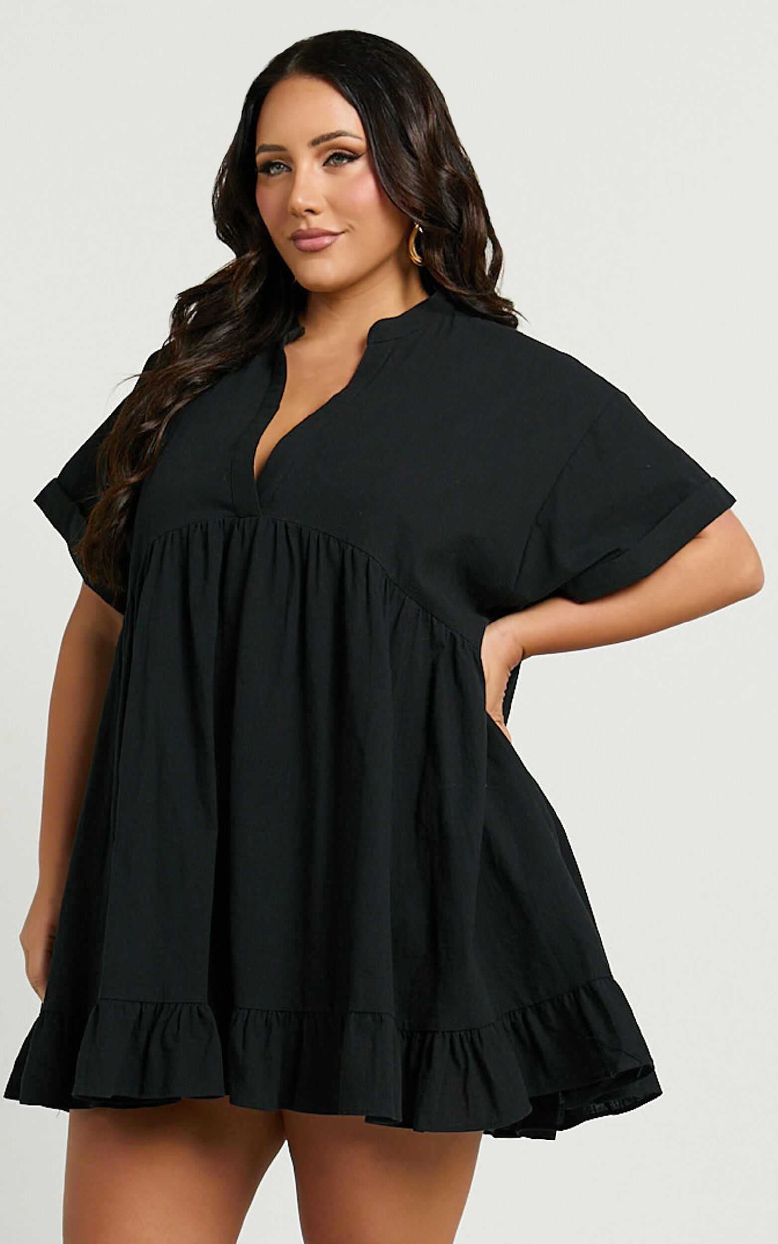 Calissa Mini Dress - Frill Hem Smock Dress in Black