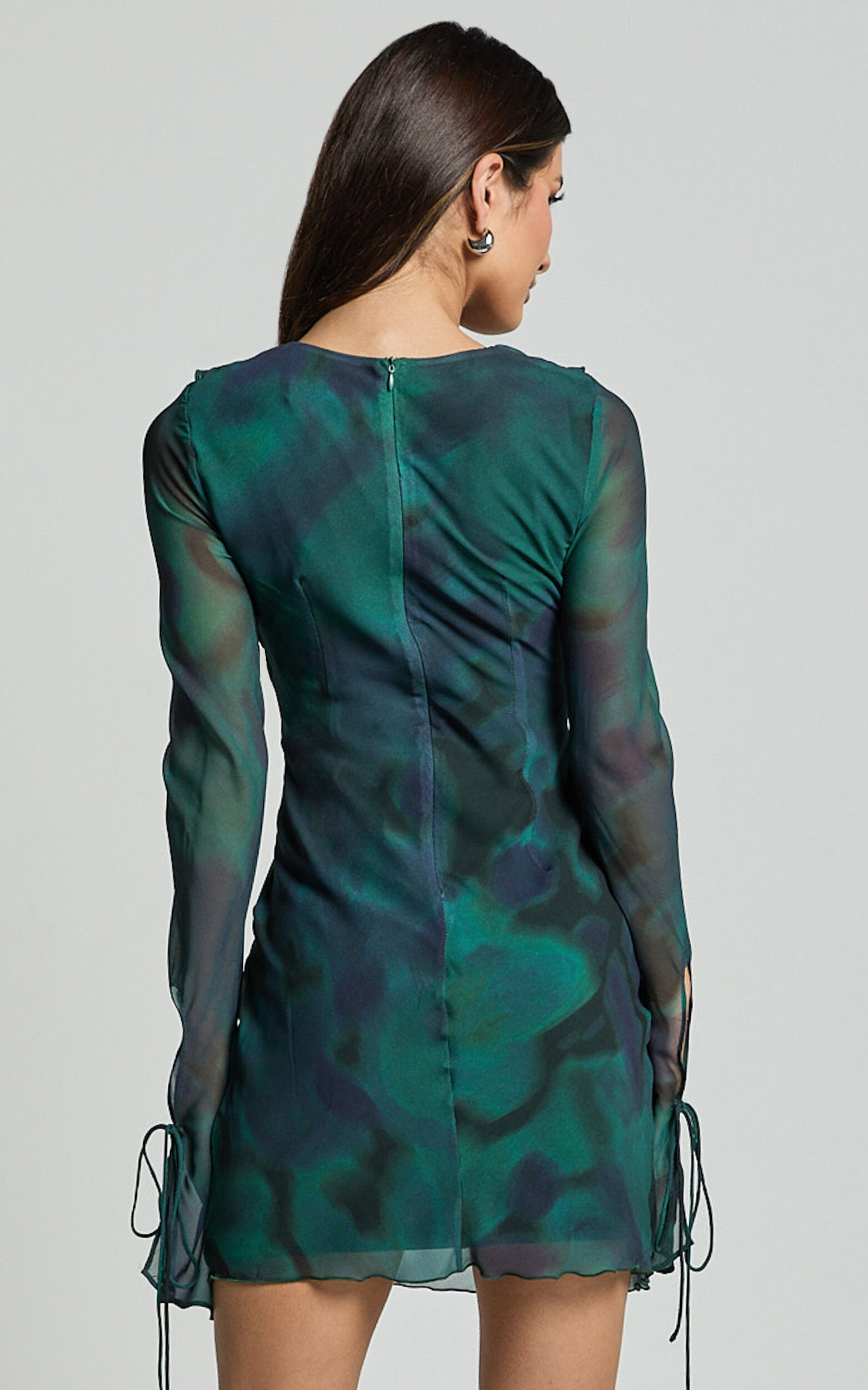 Alesya Mini Dress - Ruffle Plunge Neck Long Sleeve Tie Detail Dress in Moss Adeana