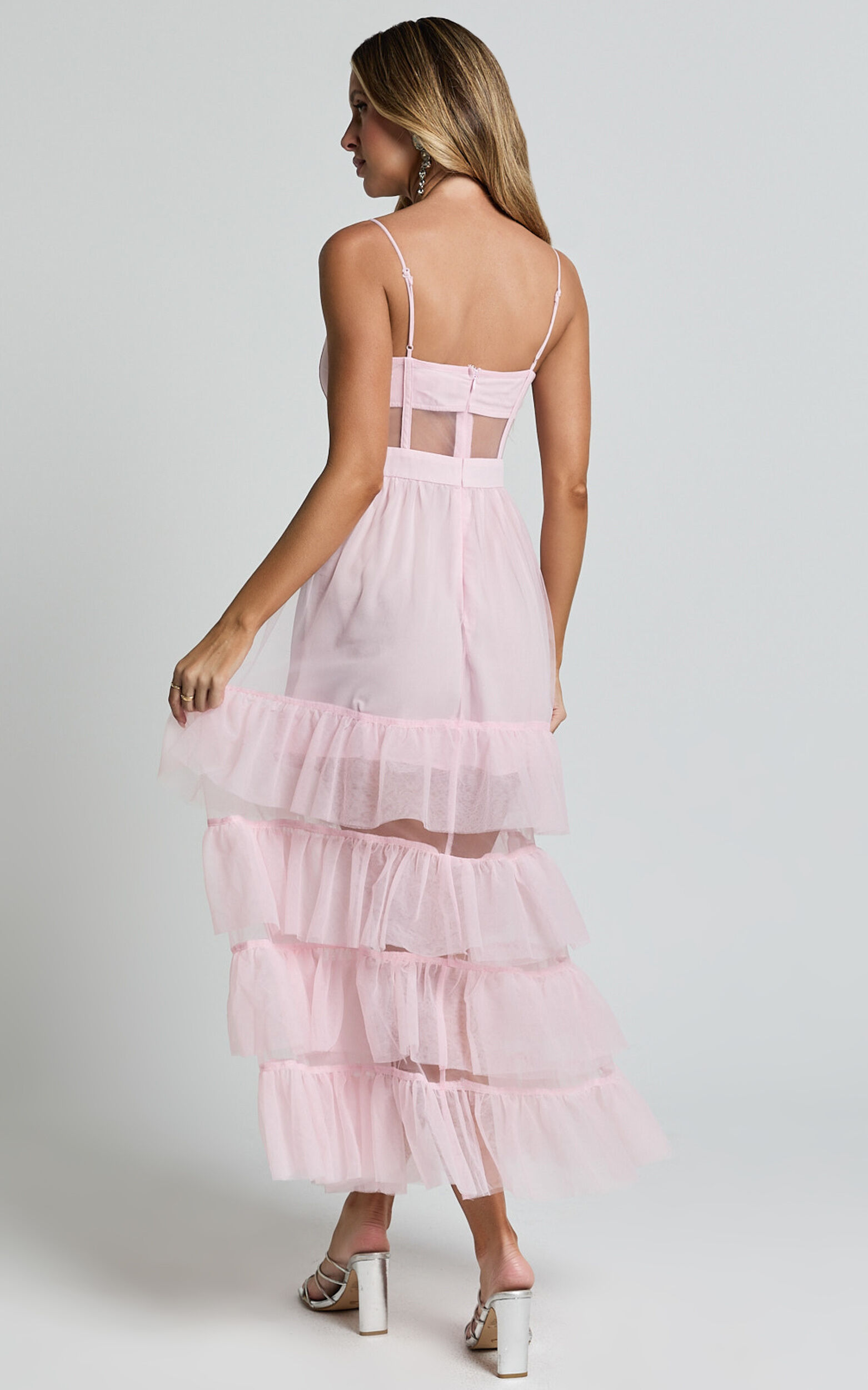 Evelynn Midi Dress - Sweetheart Corset Bodice Fit & Flare Tiered in Ballet Pink