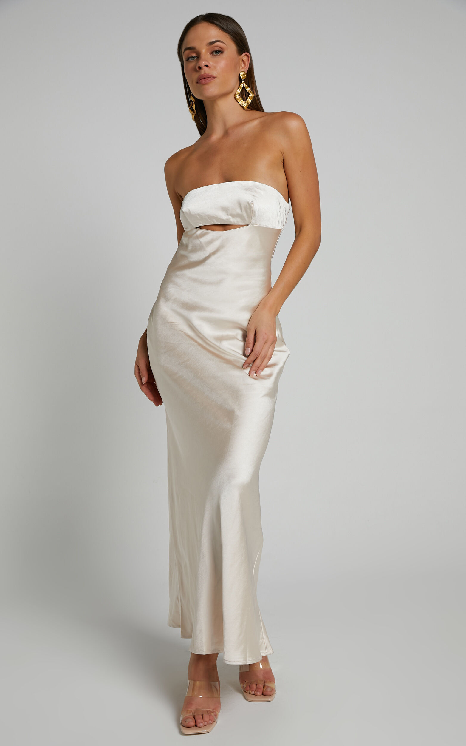 Kira Midi Dress - Strapless Cut Out Satin Dress in Champagne