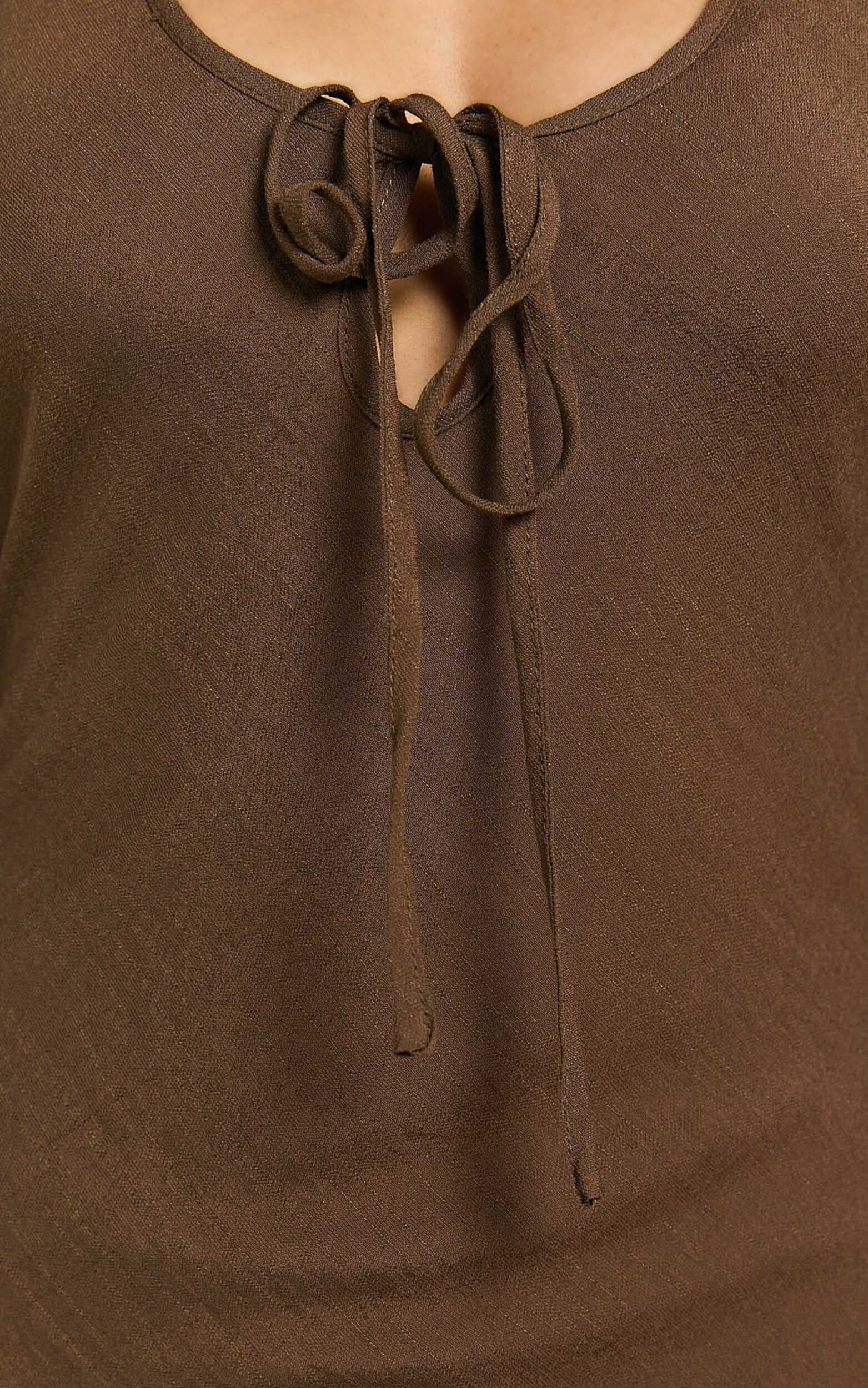 Sydney Midi Dress - Scoop Neck Long Sleeve Slip Dress in Brown