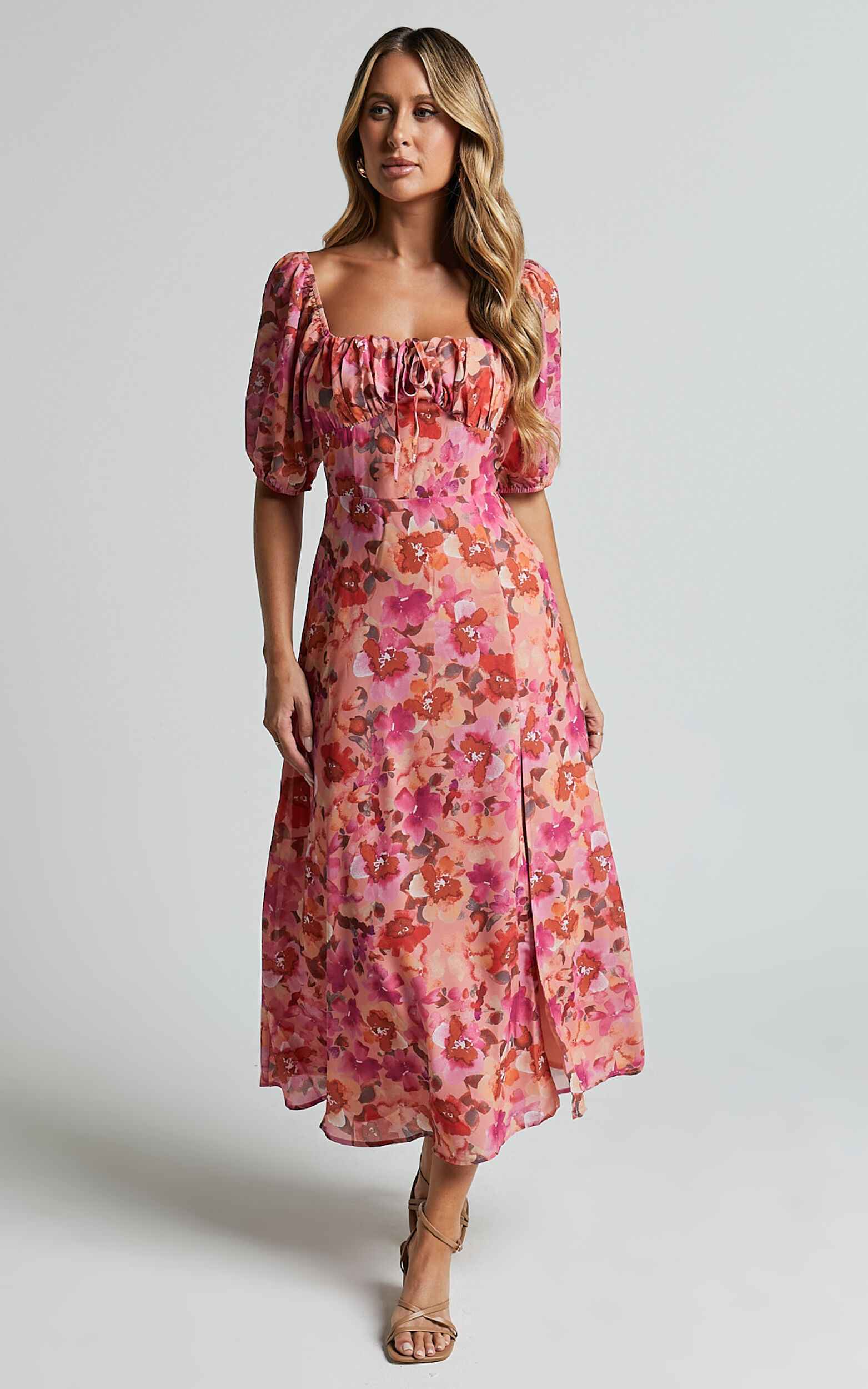 Austen Midi Dress - Short Puff Sleeve Thigh Split Dress in Apricot Blossom