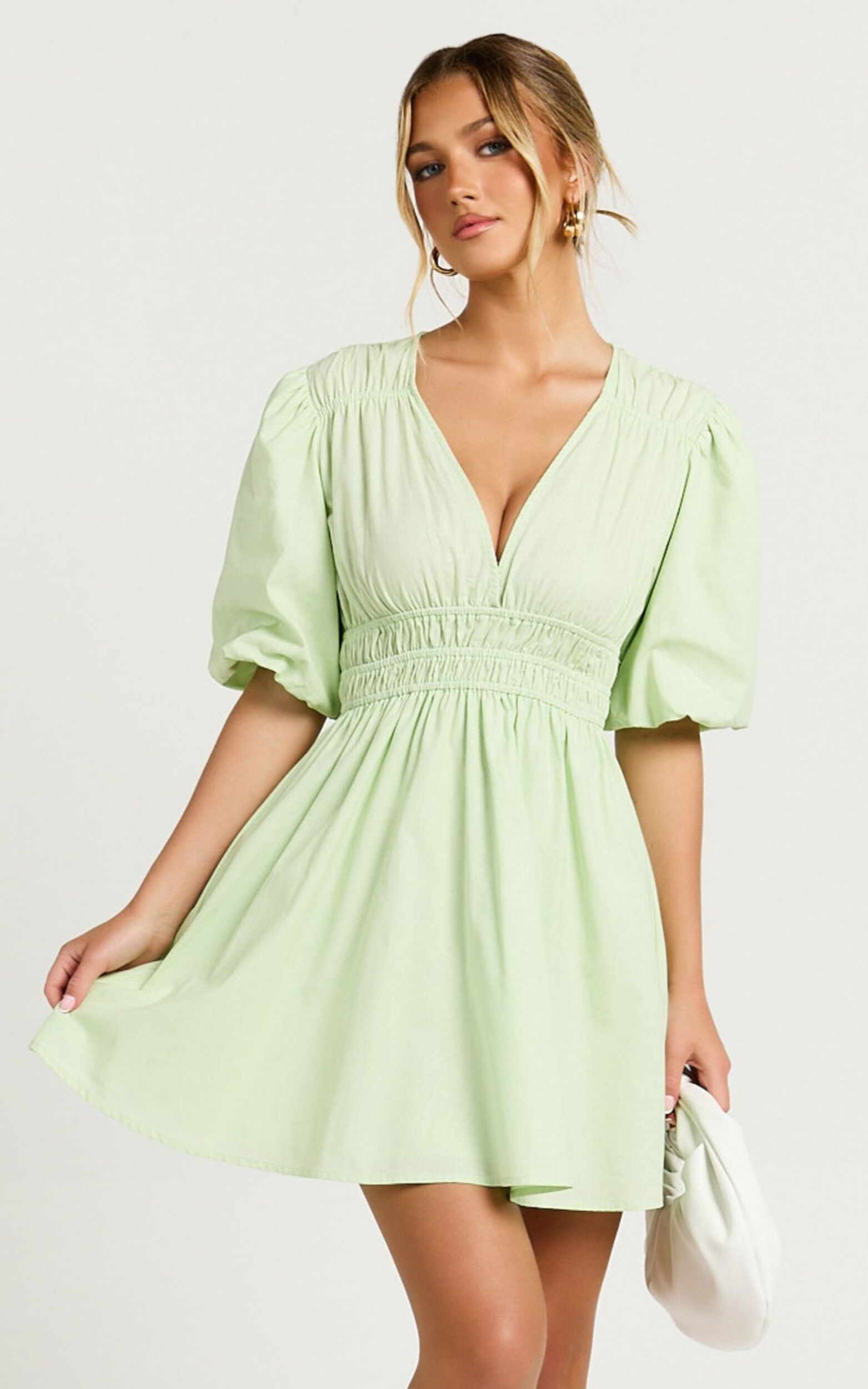 Francesca V Neck Puff Sleeves Mini Dress in Green