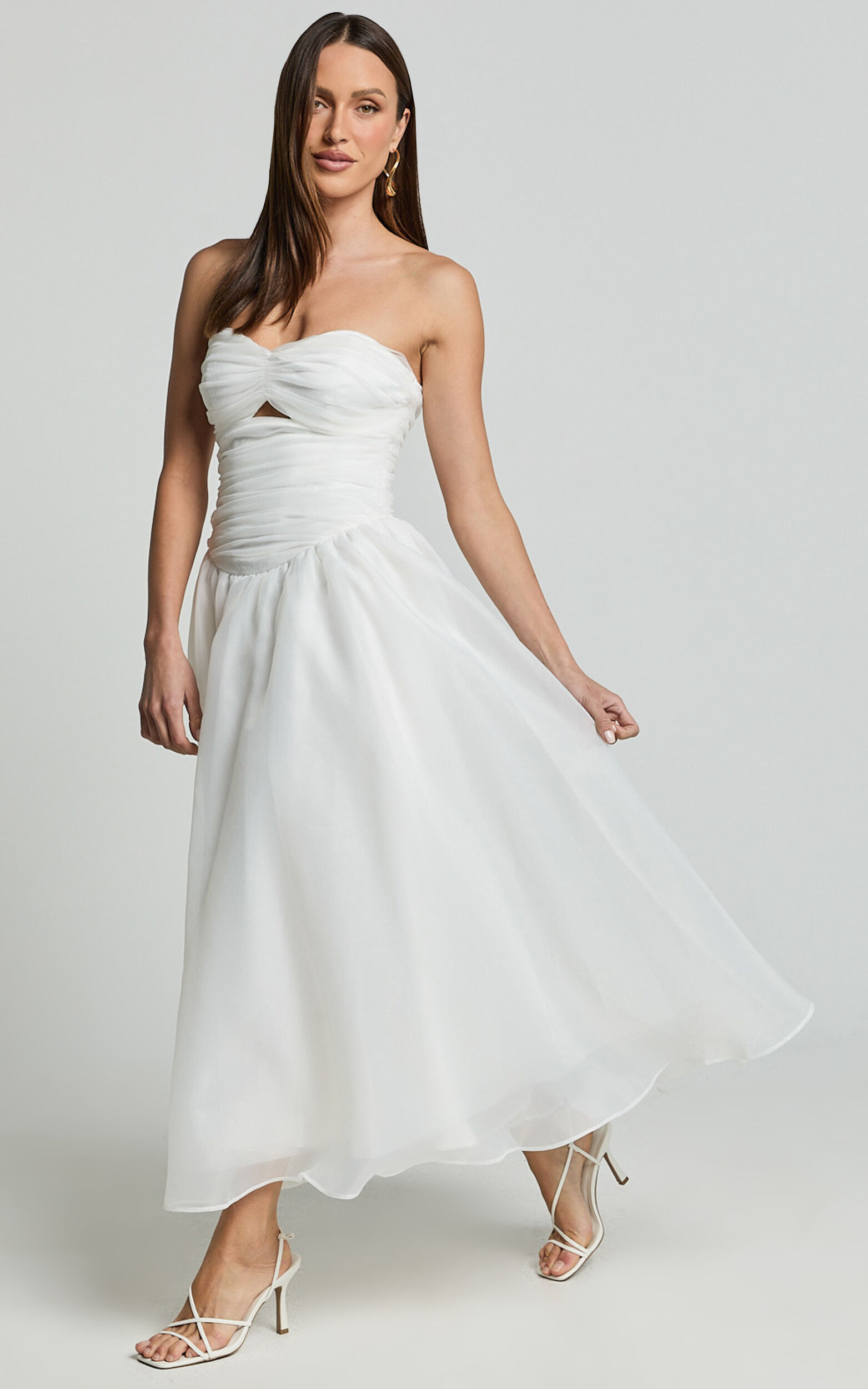 Madalyn Midi Dress - Strapless Sweetheart Bustier Dress in White