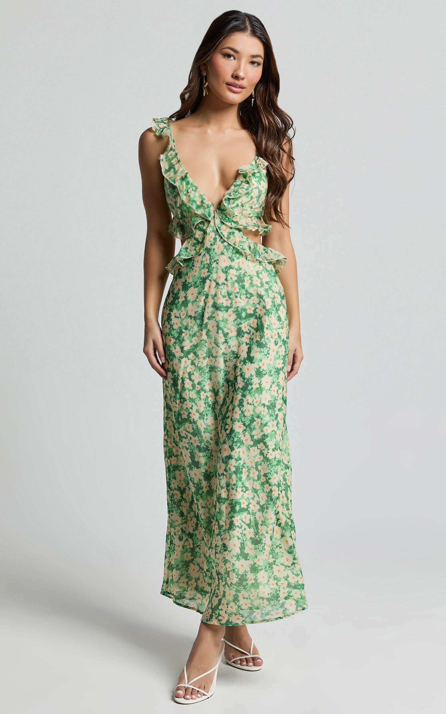 Dahlia Midi Dress - Ruffle Details Slip Dress in Green Floral