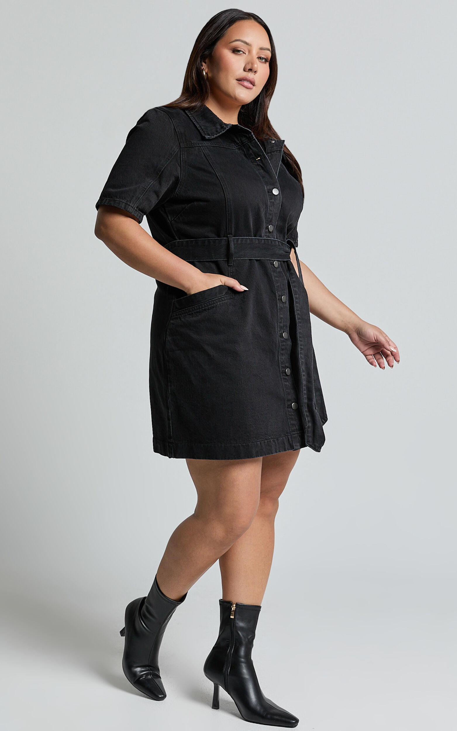 Aelicia Mini Dress - Button Through Denim Dress in Washed Black
