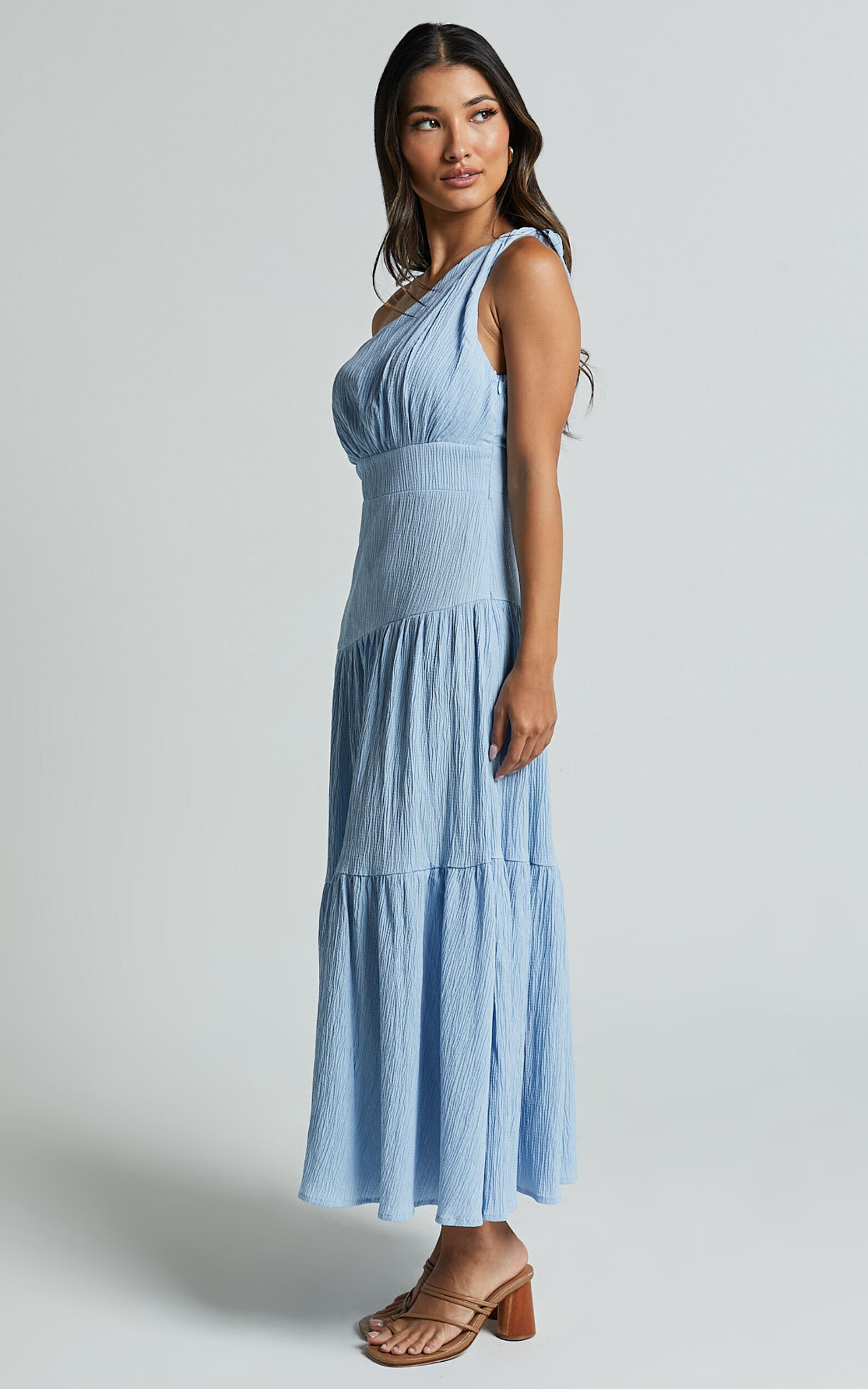 Celestia Midi Dress - Tiered One Shoulder Dress in Soft Blue