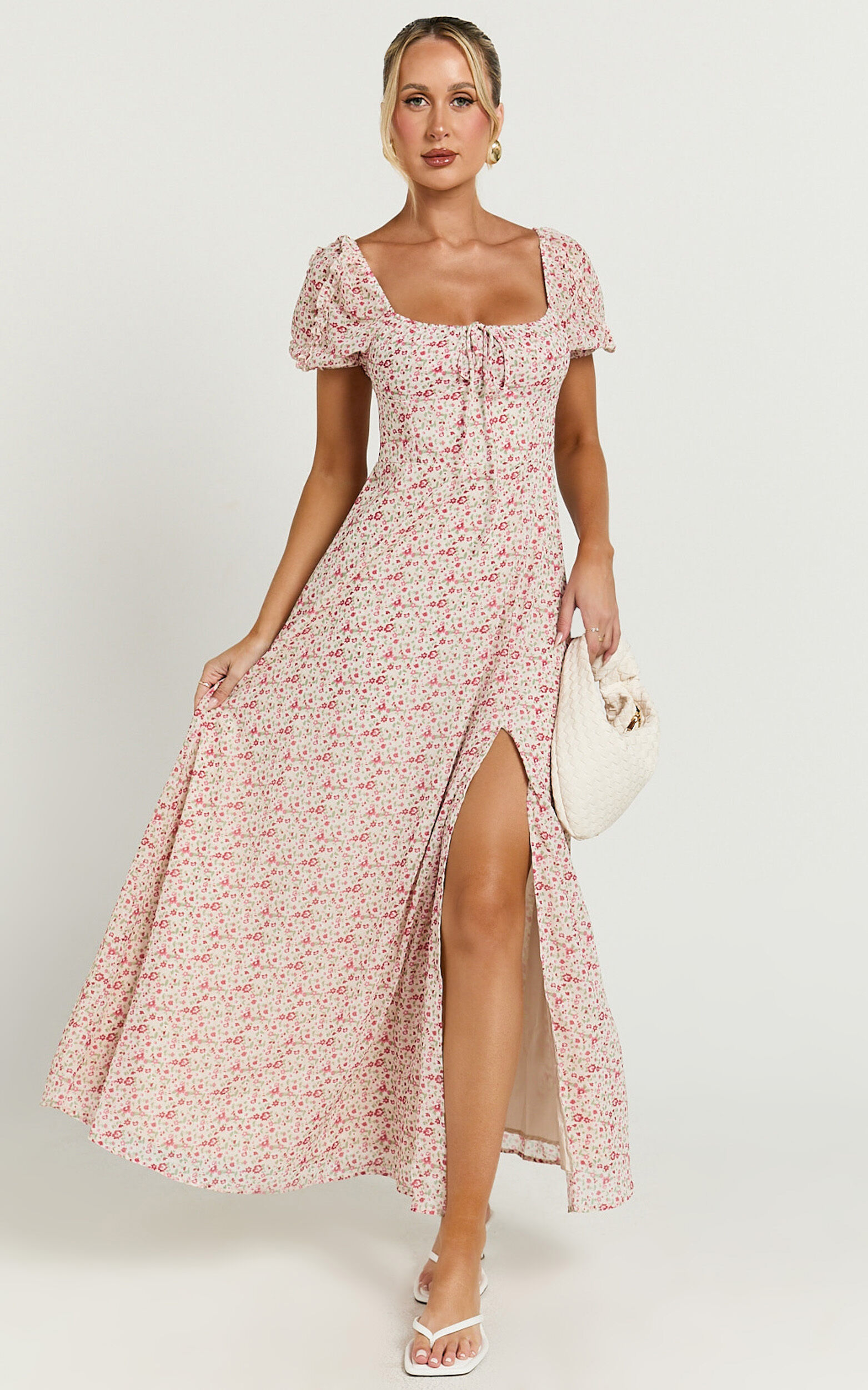 Rhylene Midi Dress - Puff Sleeve Tie Front Detail Midi Dress in Rosy Floral