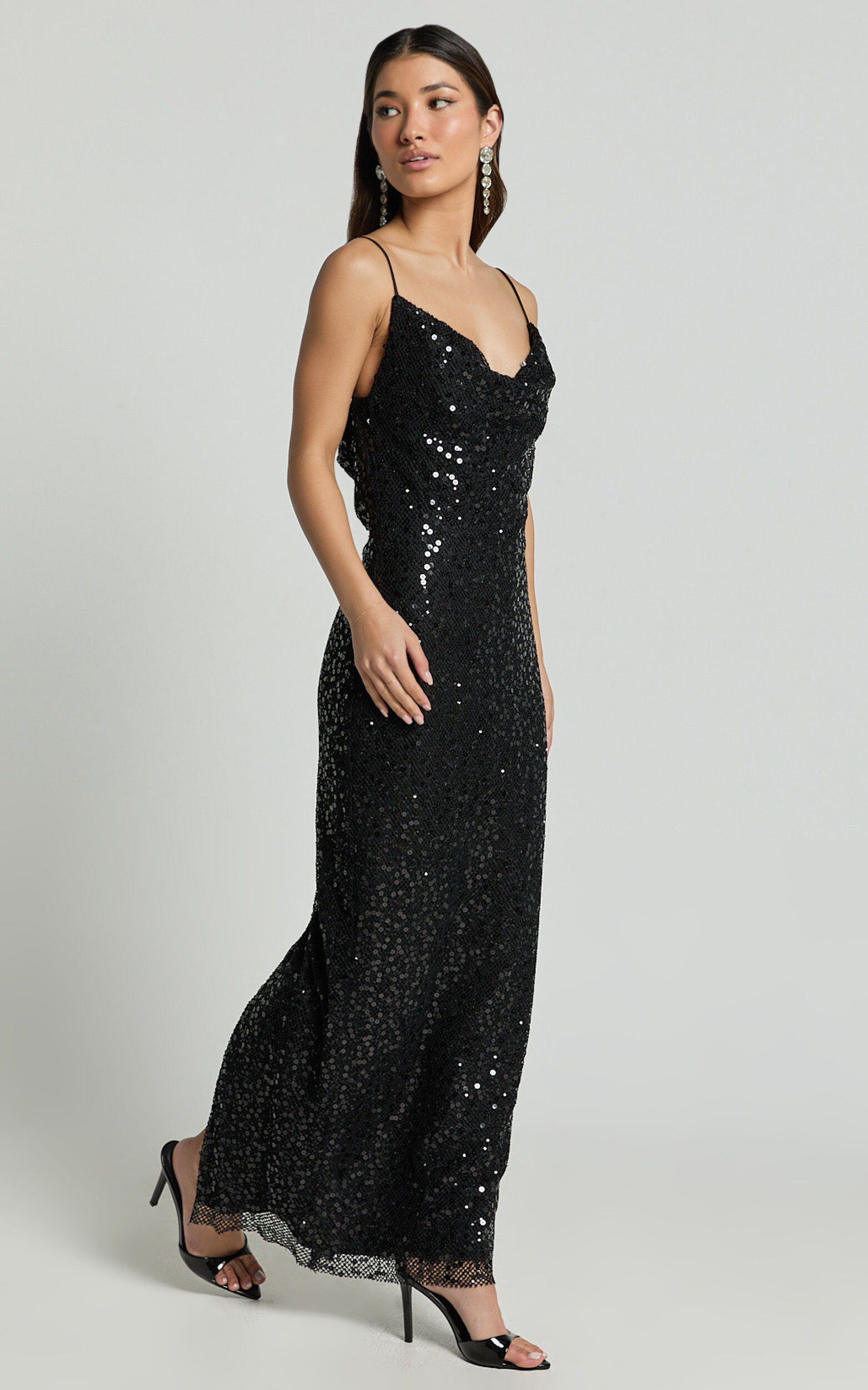 Sally Maxi Dress - Cowl Neck Backless Sequin Mesh Dress in Black