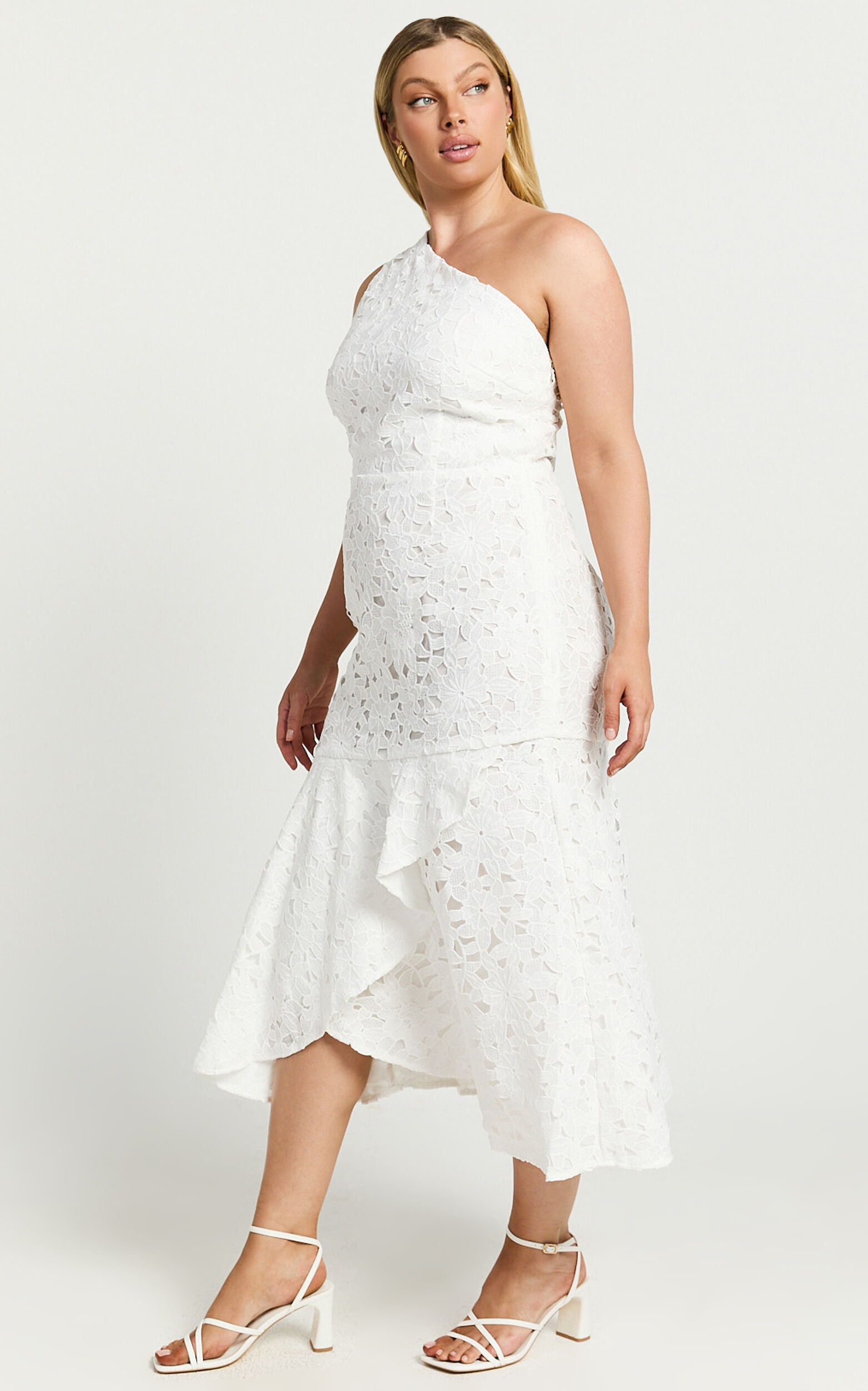 Beth Midi Dress - One Shoulder Ruffle Hem Lace Dress in White