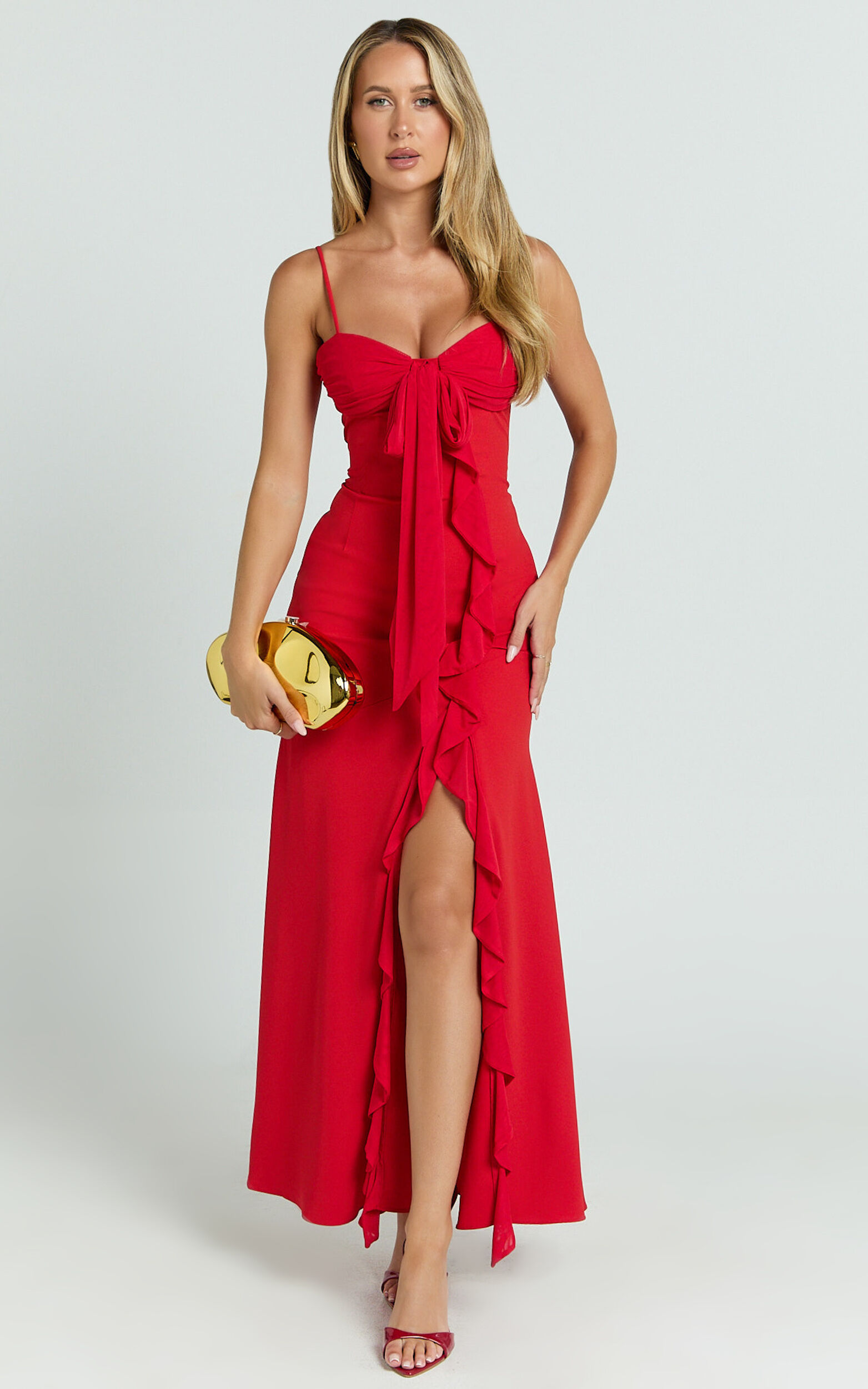 Lacie Maxi Dress - V Neck Bias Cut Ruffle Tie Front Dress in Red