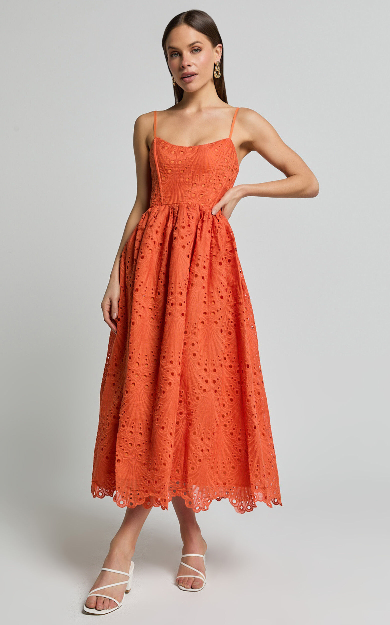Gabriella Midi Dress - Strappy Gathered Skirt Embroidered Dress in Orange
