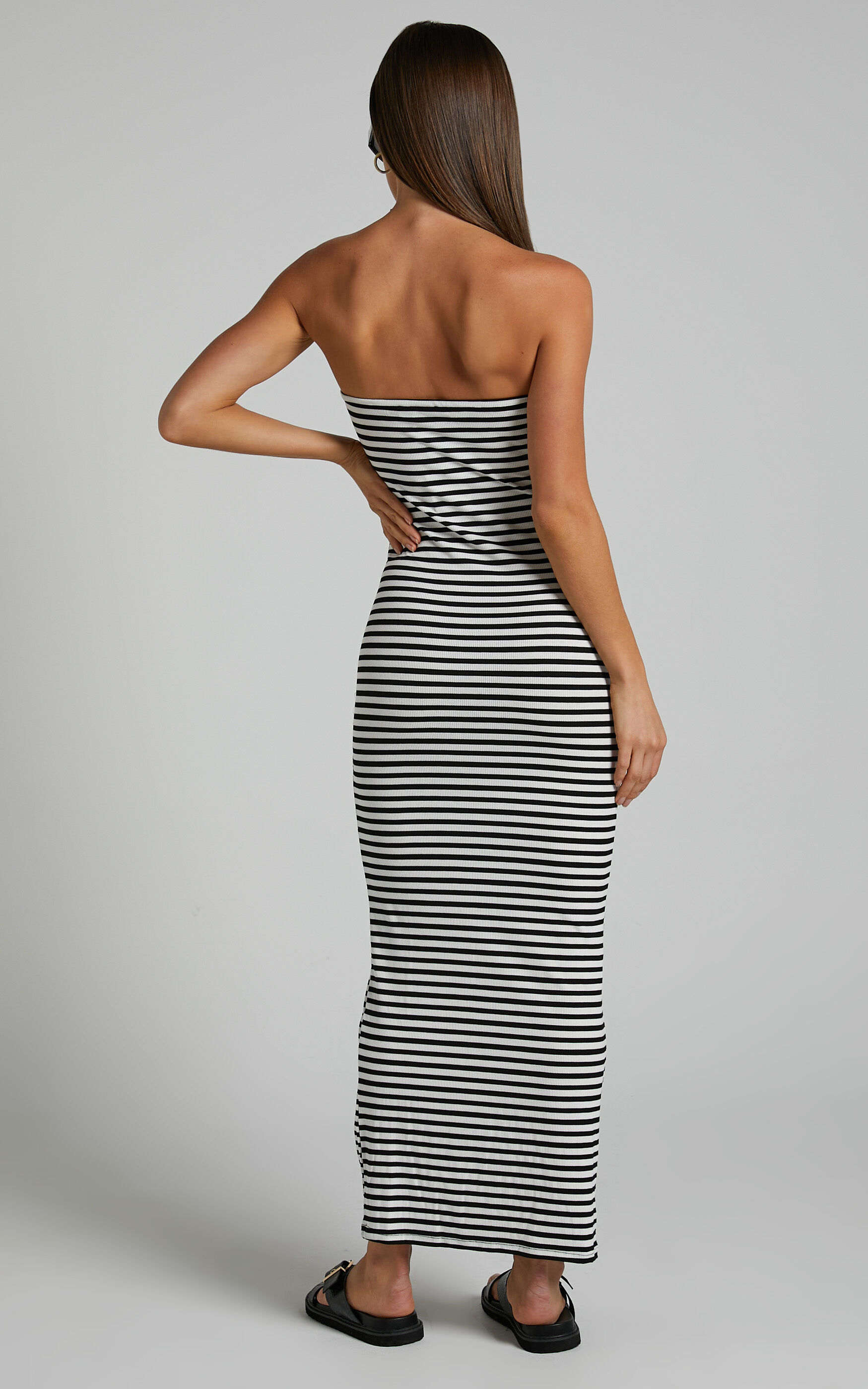 Aravis Midi Dress - Twist Detail Strapless Dress in Black and White Stripe