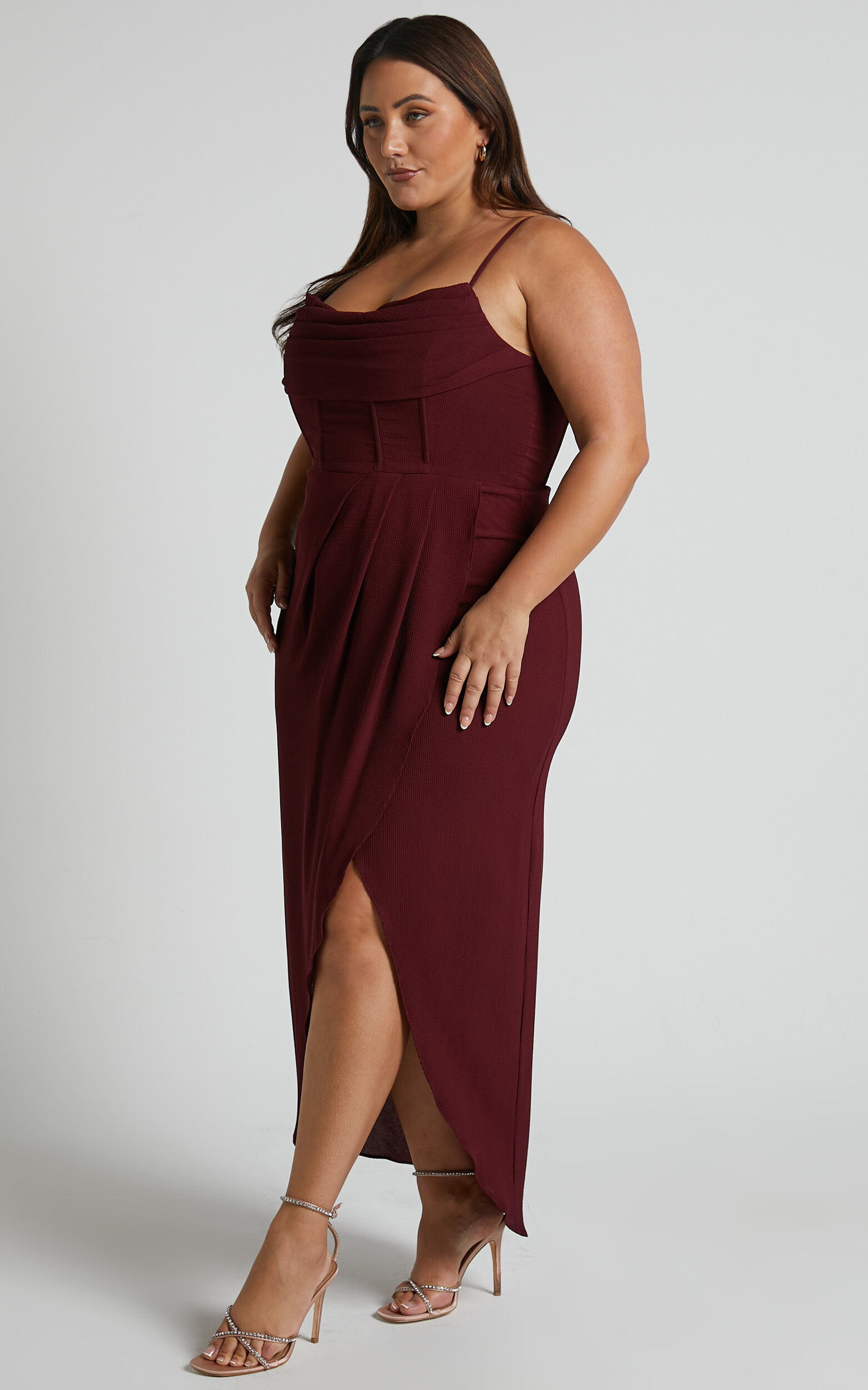 Andrina Midi Dress - High Low Wrap Corset Dress in Wine