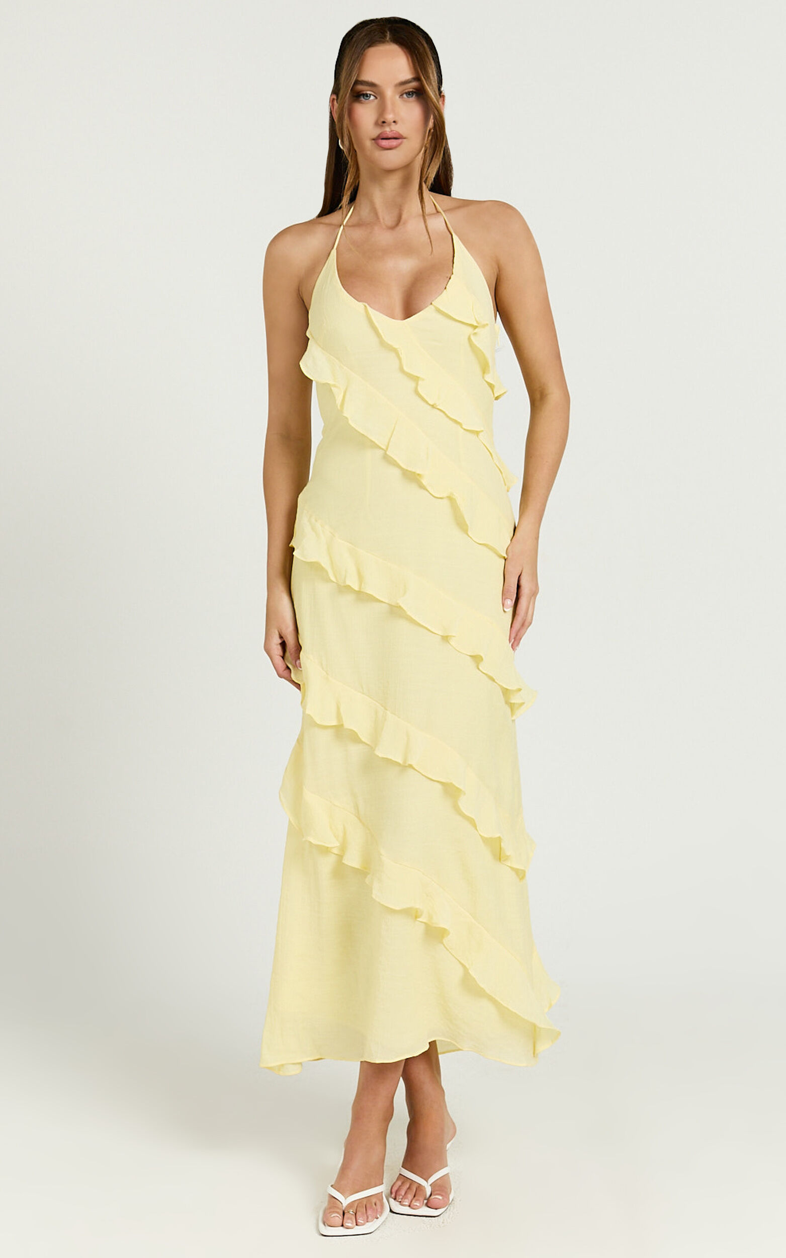 Brayden Midi Dress - V Neck Ruffle Dress in Lemon