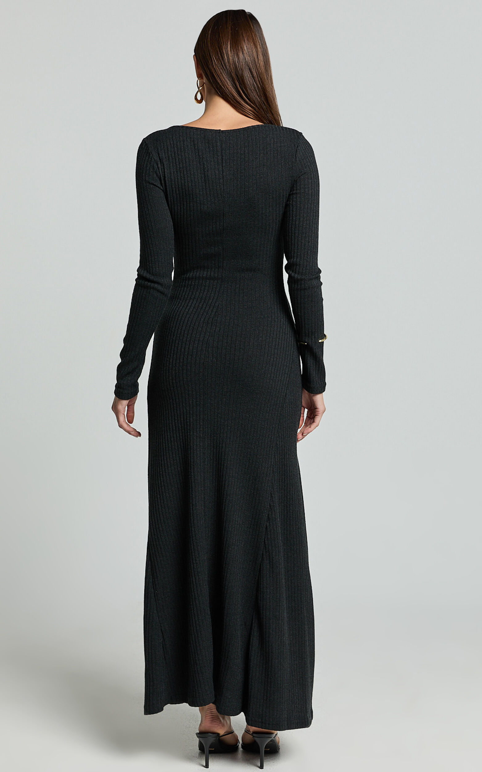 Lydia Midi Dress - V Neck Long Sleeve Knitted Dress in Black