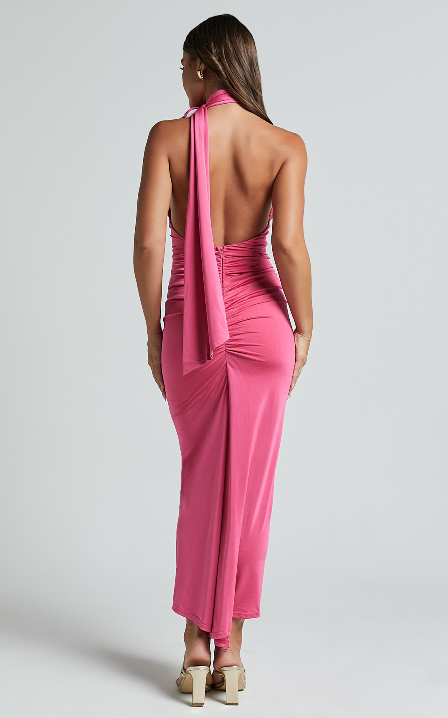 Alvera Maxi Dress - Rosette Neck Tie Detail Ruched Dress in Pink