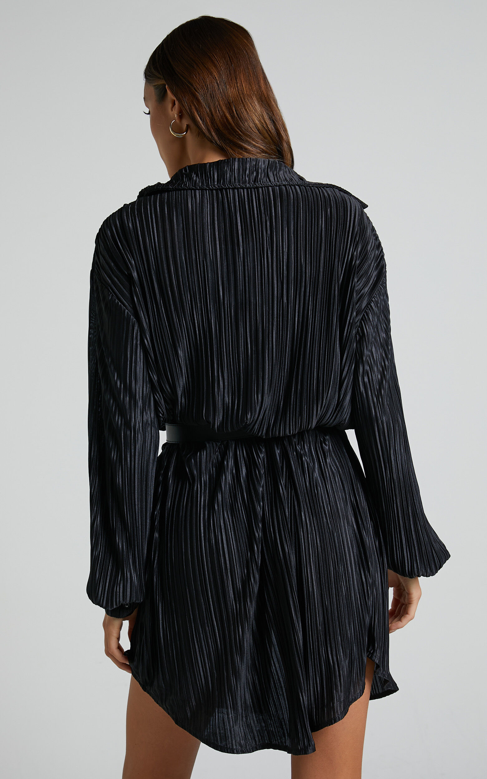 Beca Mini Dress - Crinkle Button Up Shirt Dress in Black