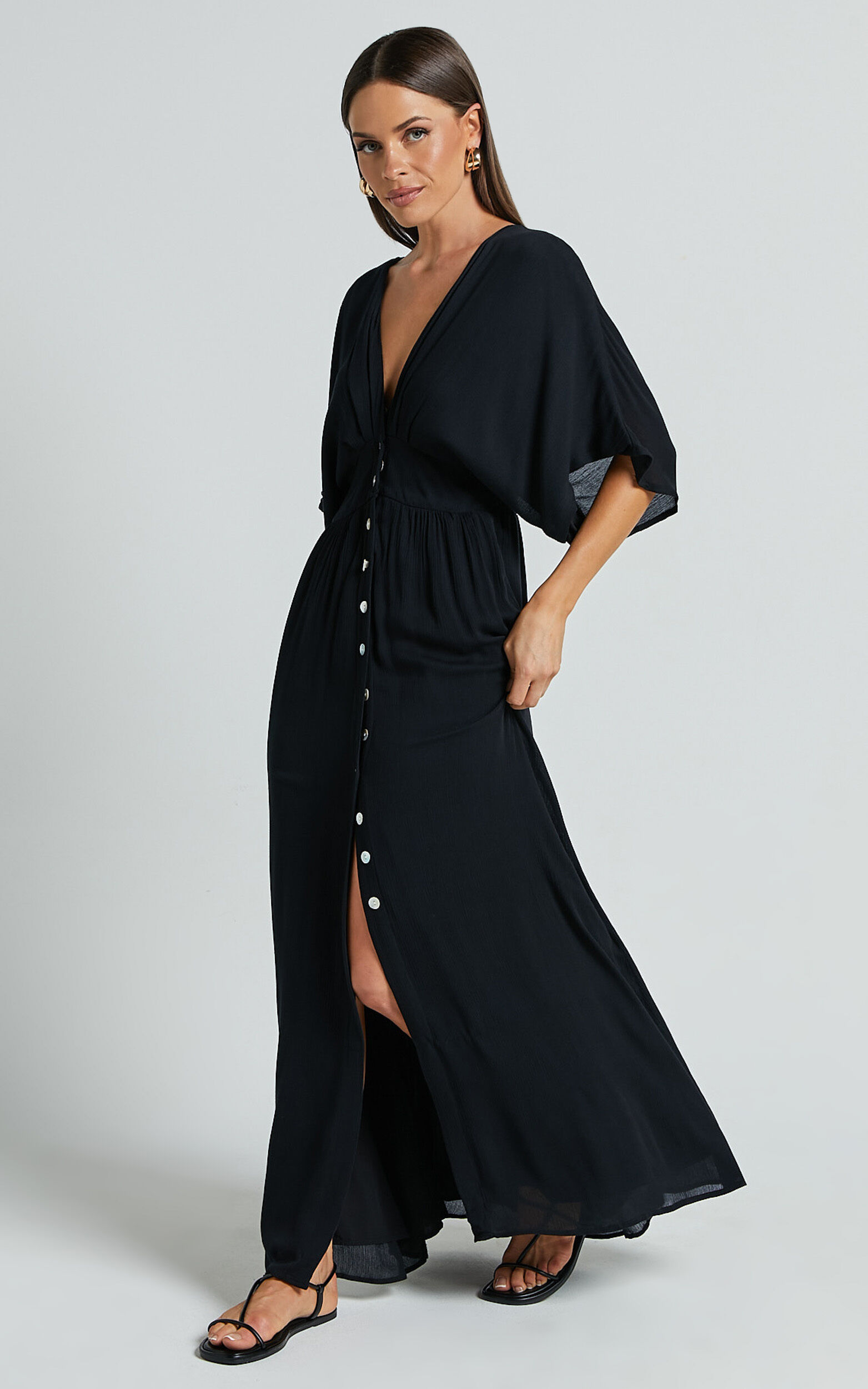 Sitting Pretty Maxi Dress - Short Sleeve Button Down Dress in Black