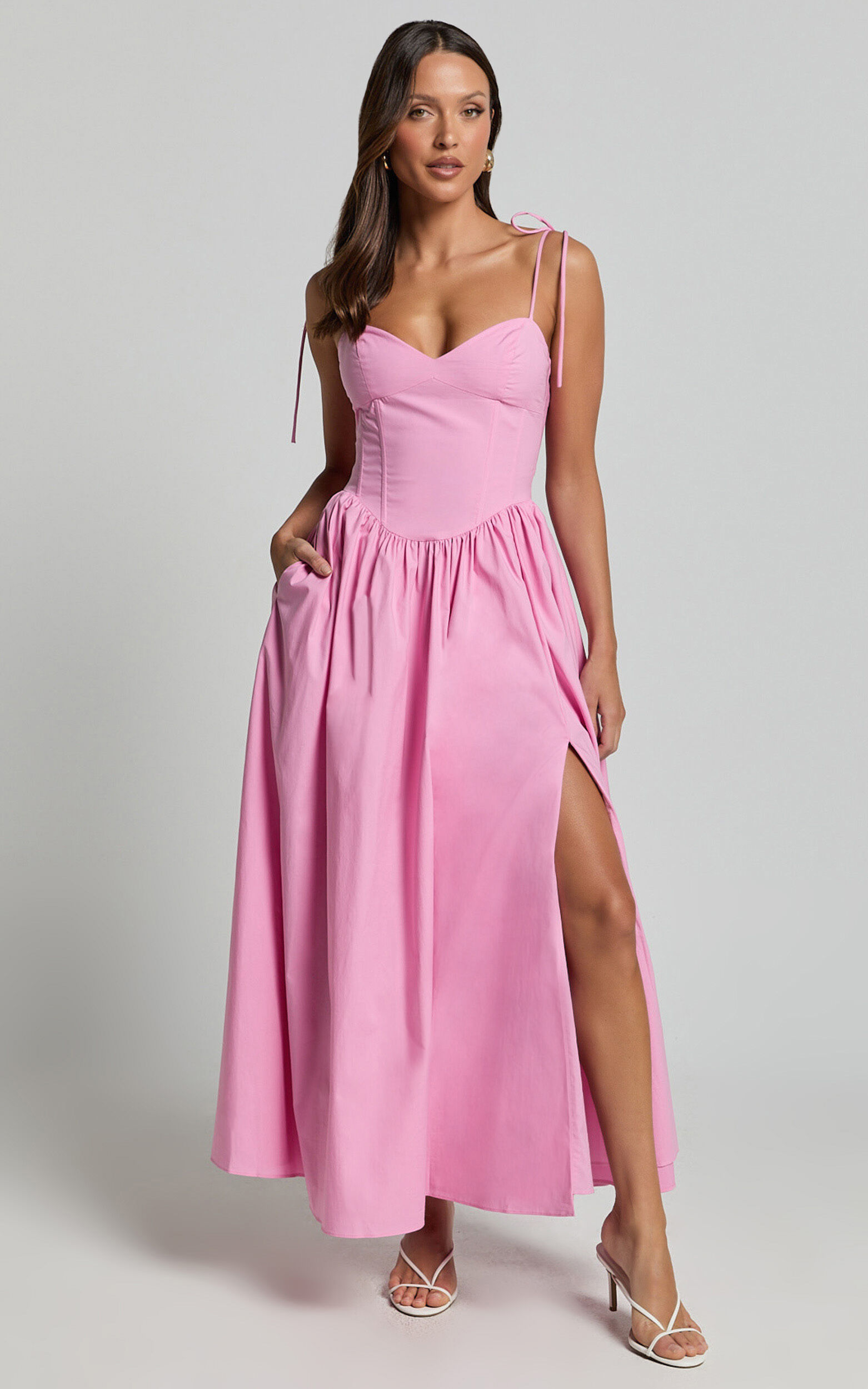 Holly Midi Dress - Corset Lace Up Dress with Split in Musk Pink