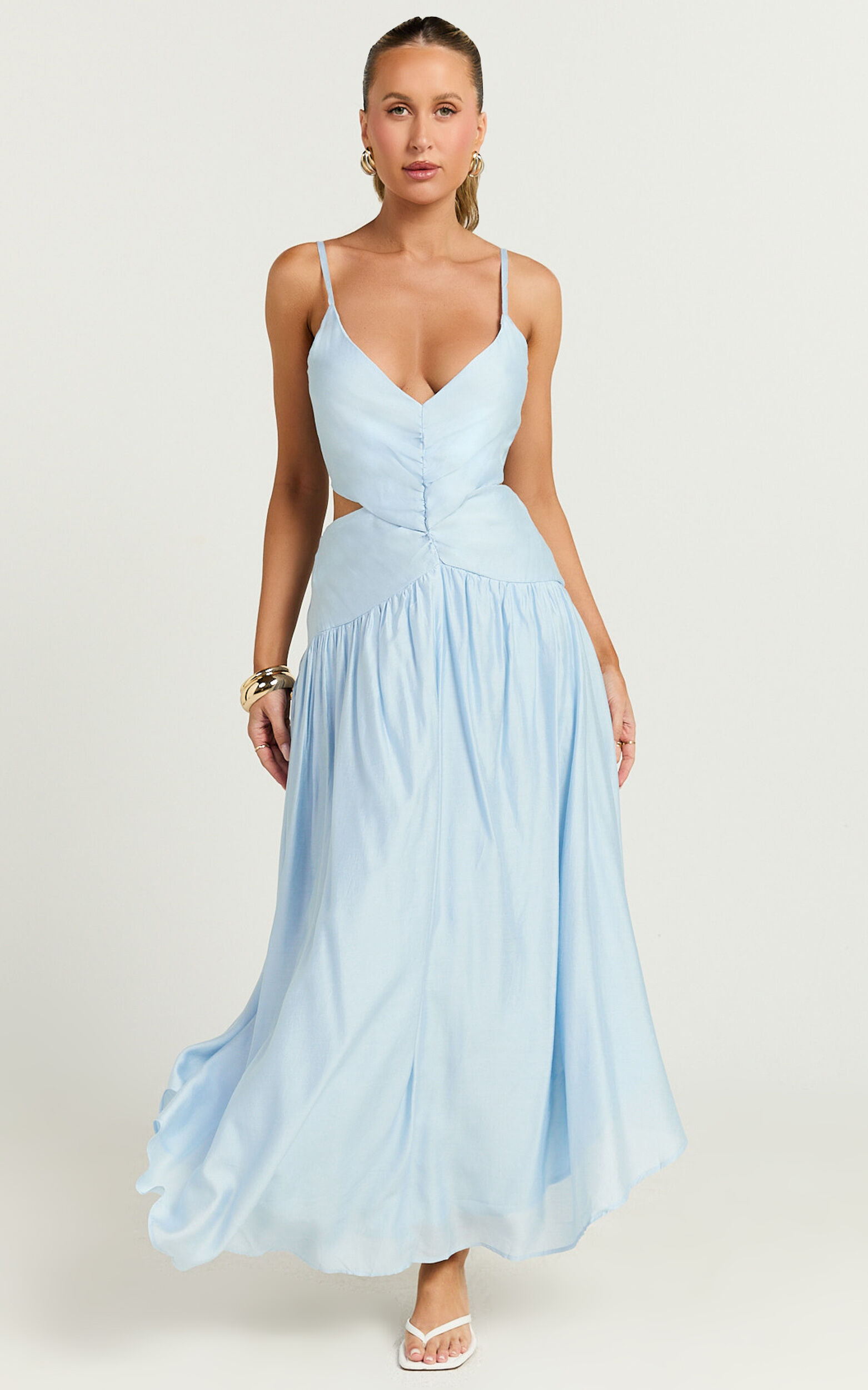 Edlyn Midi Dress - V Neck Side Cut Out Dress in Blue