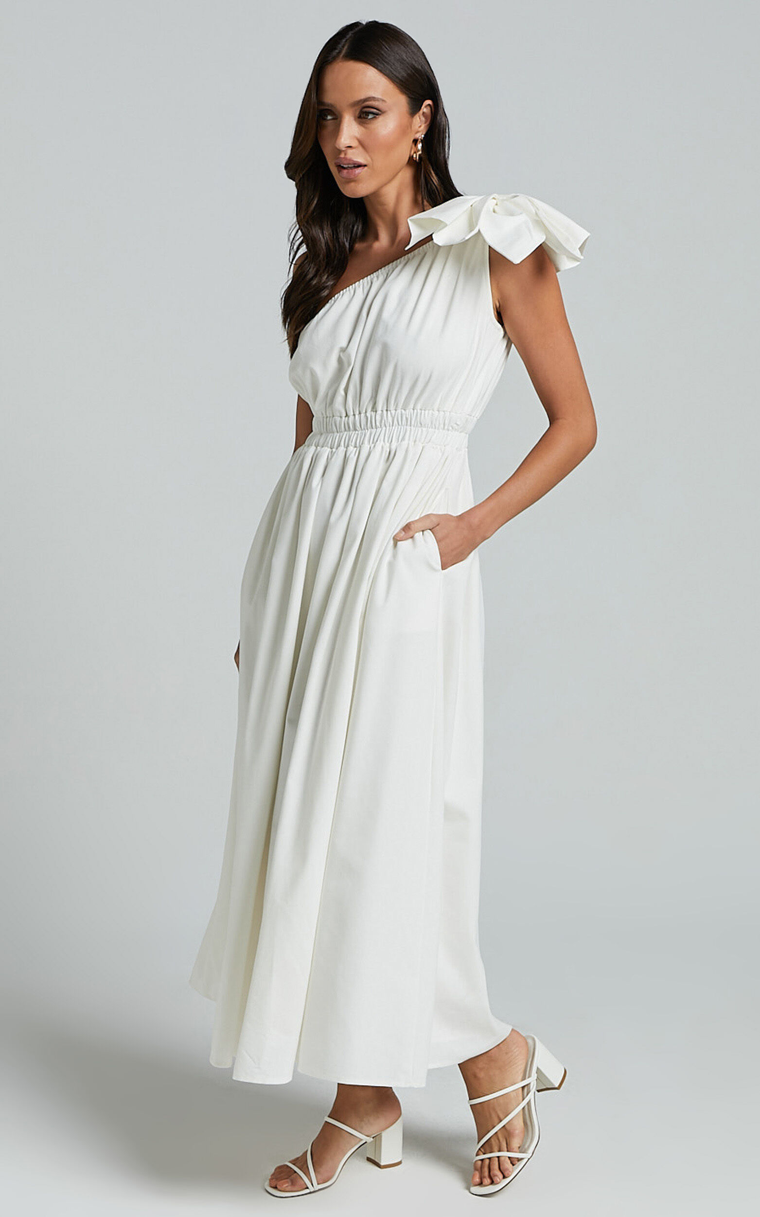 Alby Midi Dress - One Shoulder Bow Dress With Elasticated Waist in White