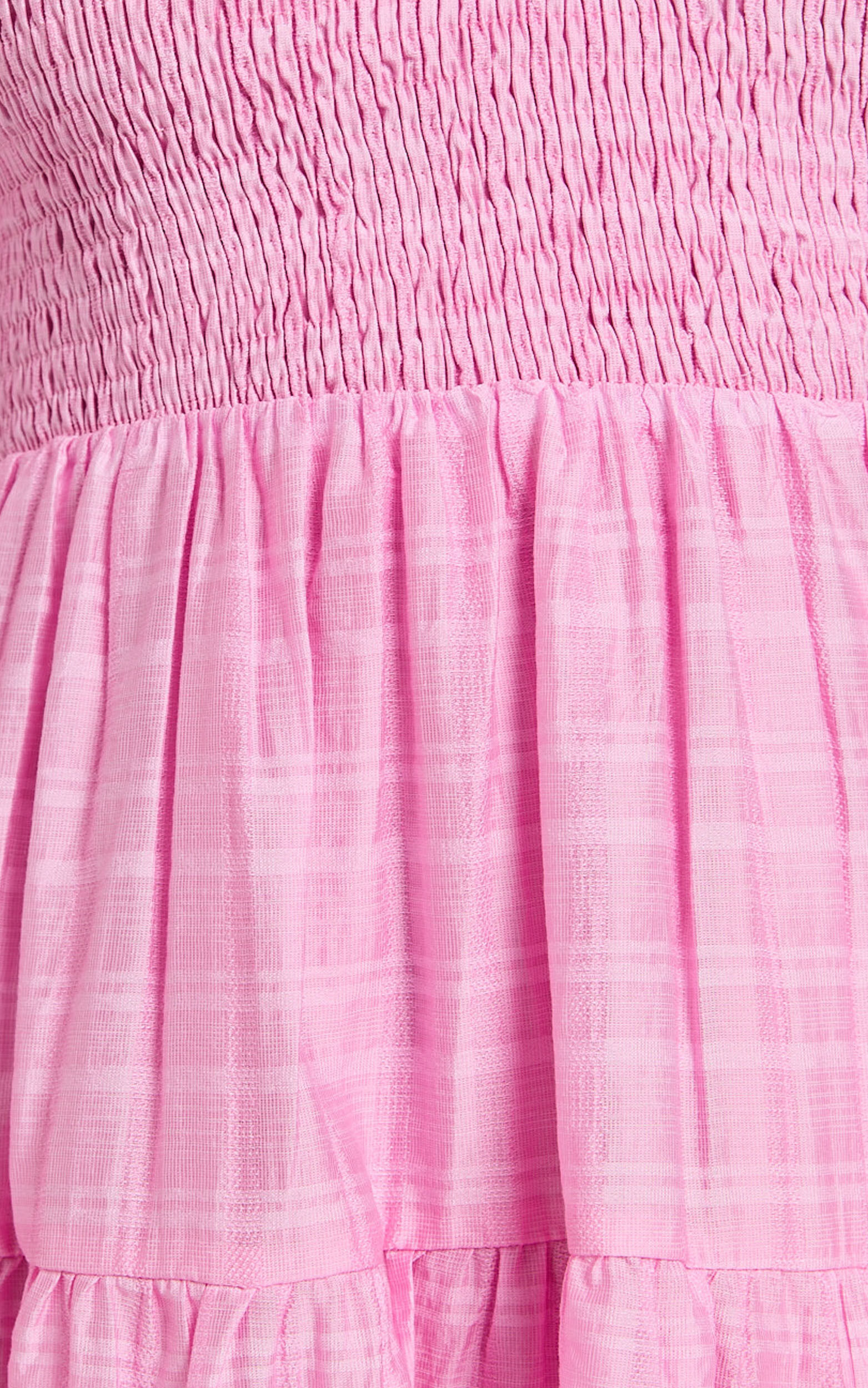 Britany Mini Dress - Shirred Puff Sleeve Tiered Dress in Pink