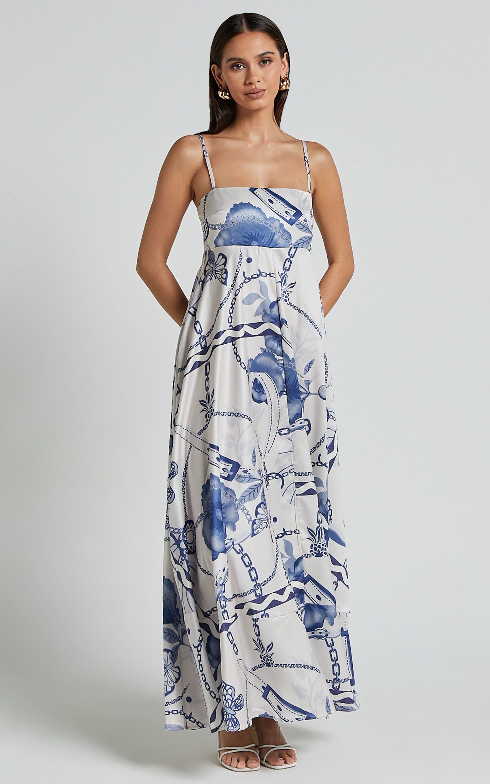 Yasmine Midi Dress - Straight Neck Sleeveless A Line Dress in Blue and White Porcelain Print