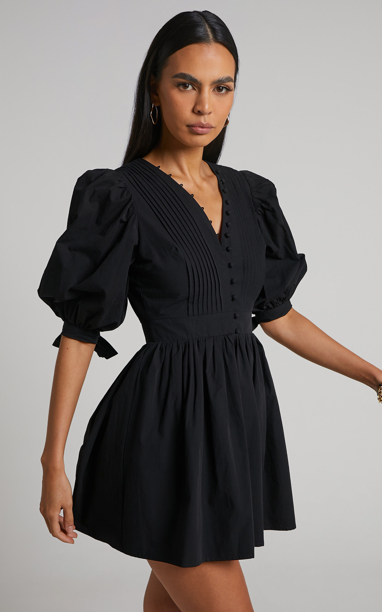 Zandra Mini Dress - Puff Sleeve Poplin Dress in Black