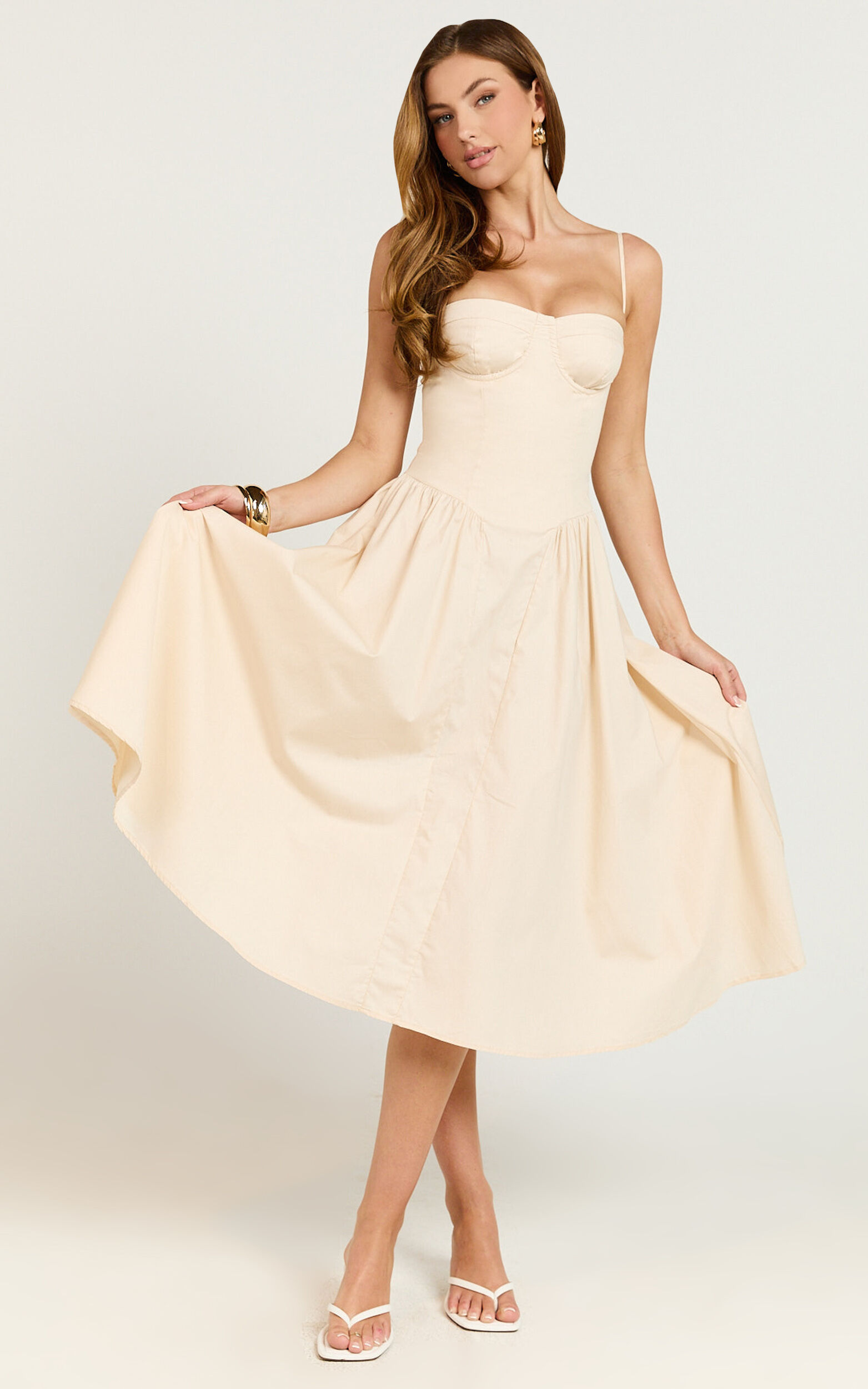 April Midi Dress - Sweetheart Wide Pleated Dress in Cream