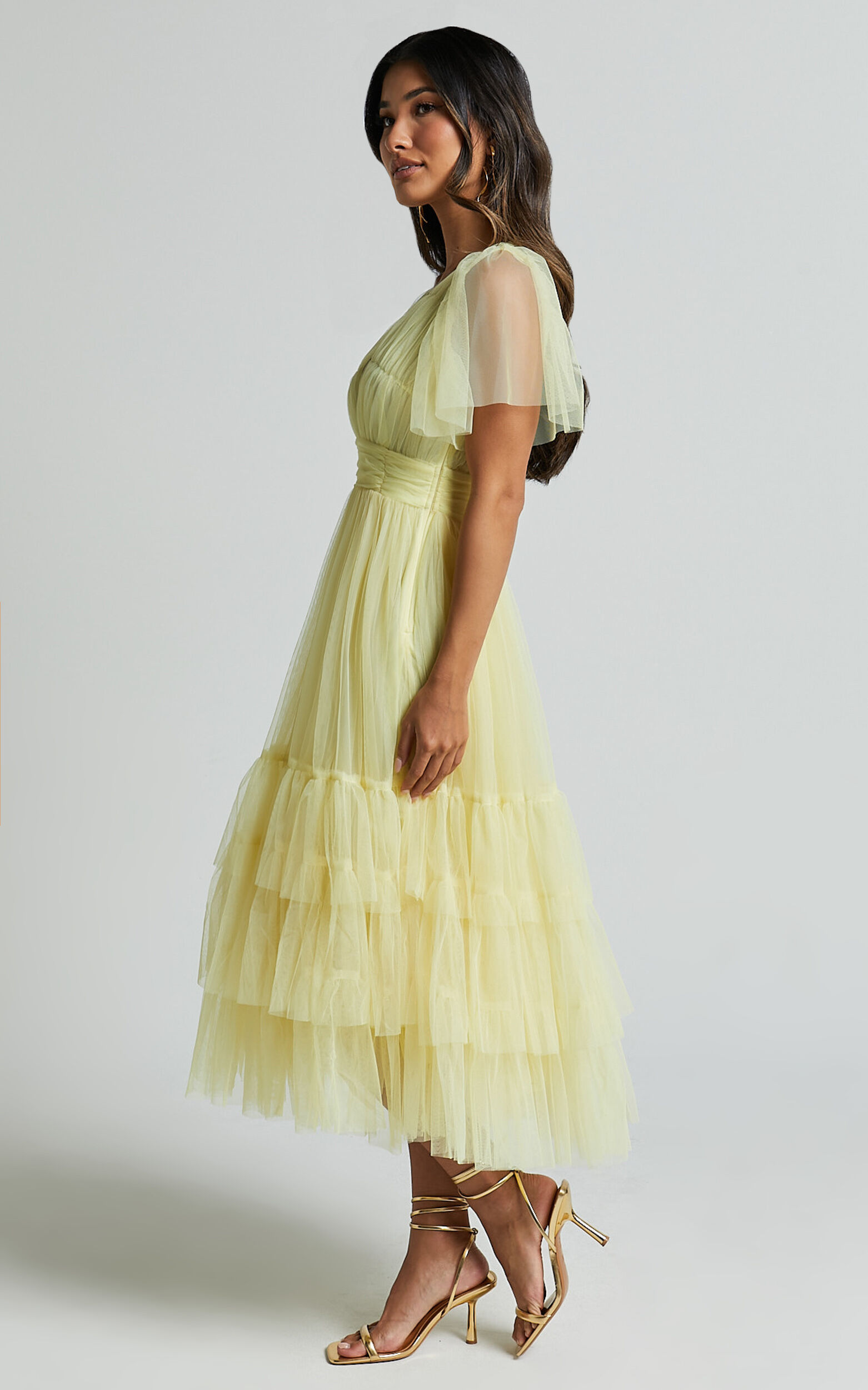 Jiraye Midi Dress - Flutter Sleeve Tuelle Plunge Dress in Lemon