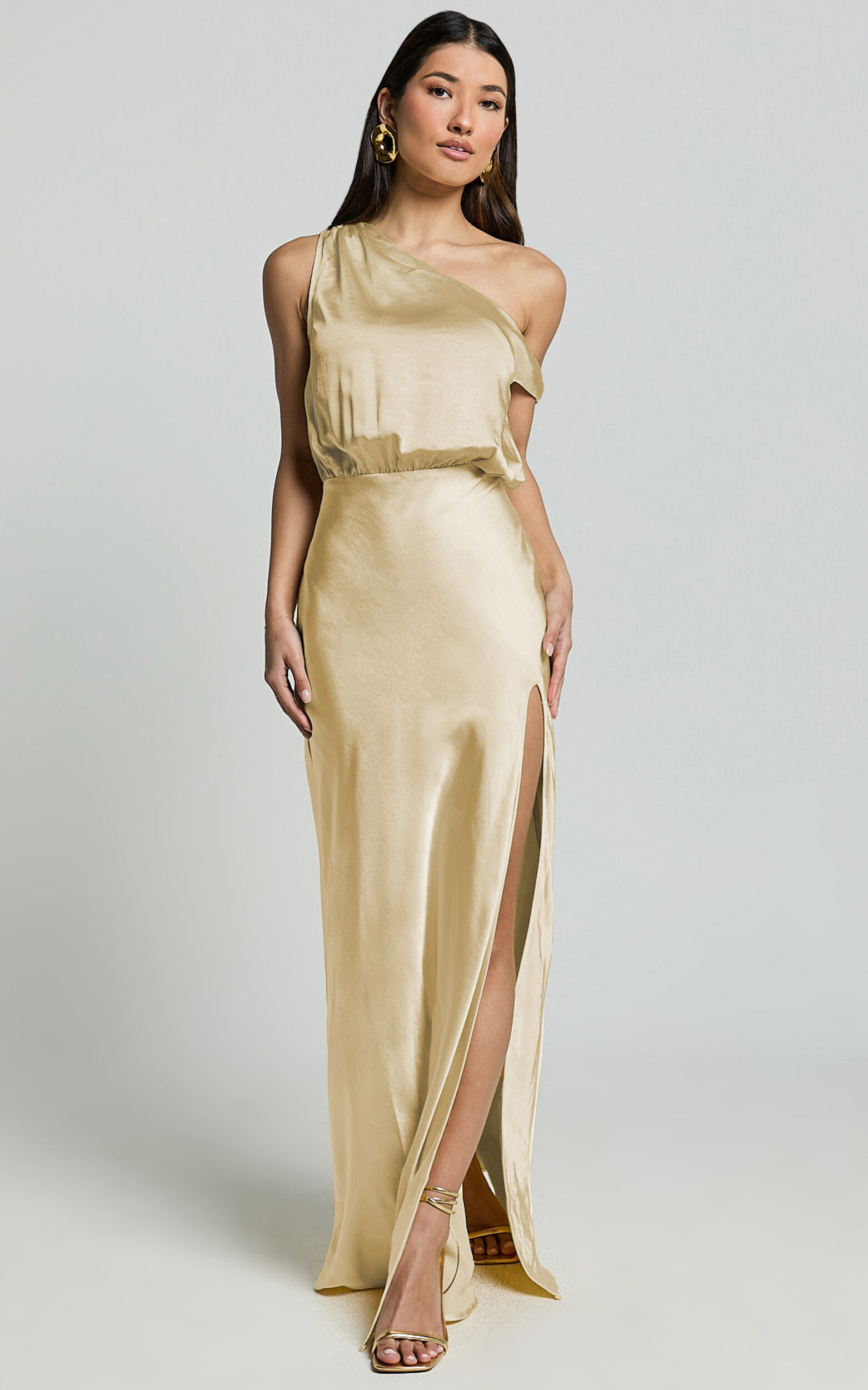 Jensen Midi Dress - Off Shoulder High Split Bias Slip Dress in Lemon