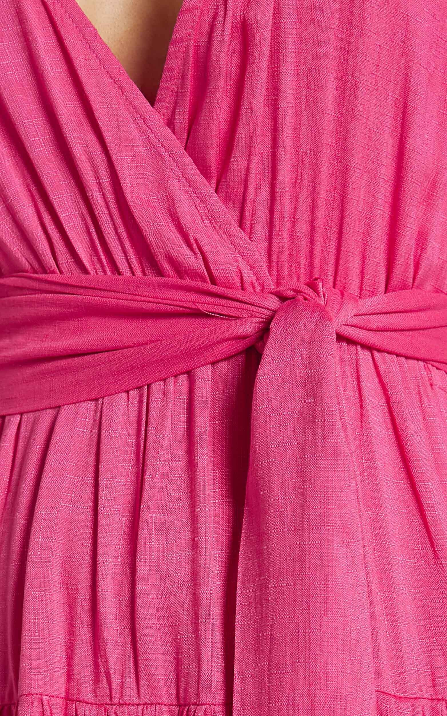 Marielle Midi Dress - Wrap Bodice Tiered Belted Dress in Pink