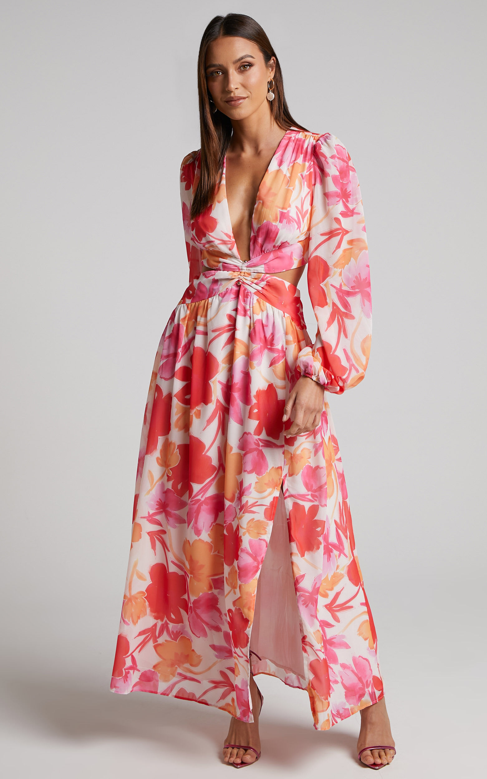 Emilee Midi Dress - Side Cut Out Long Sleeve Plunge Dress in Pink Floral