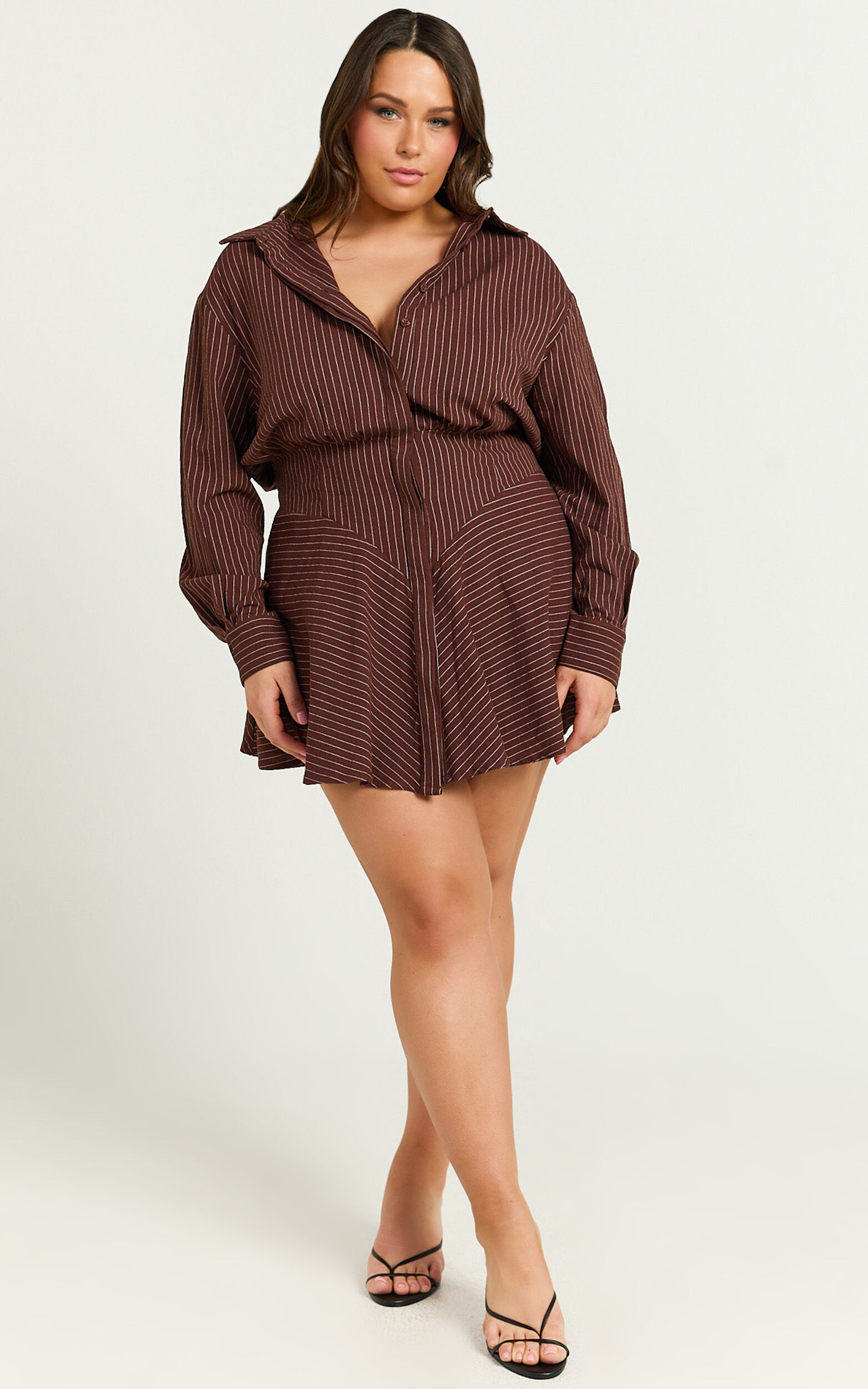 Whitney Mini Dress - Linen Long Sleeve Shirt Dress in Chocolate Pinstripe