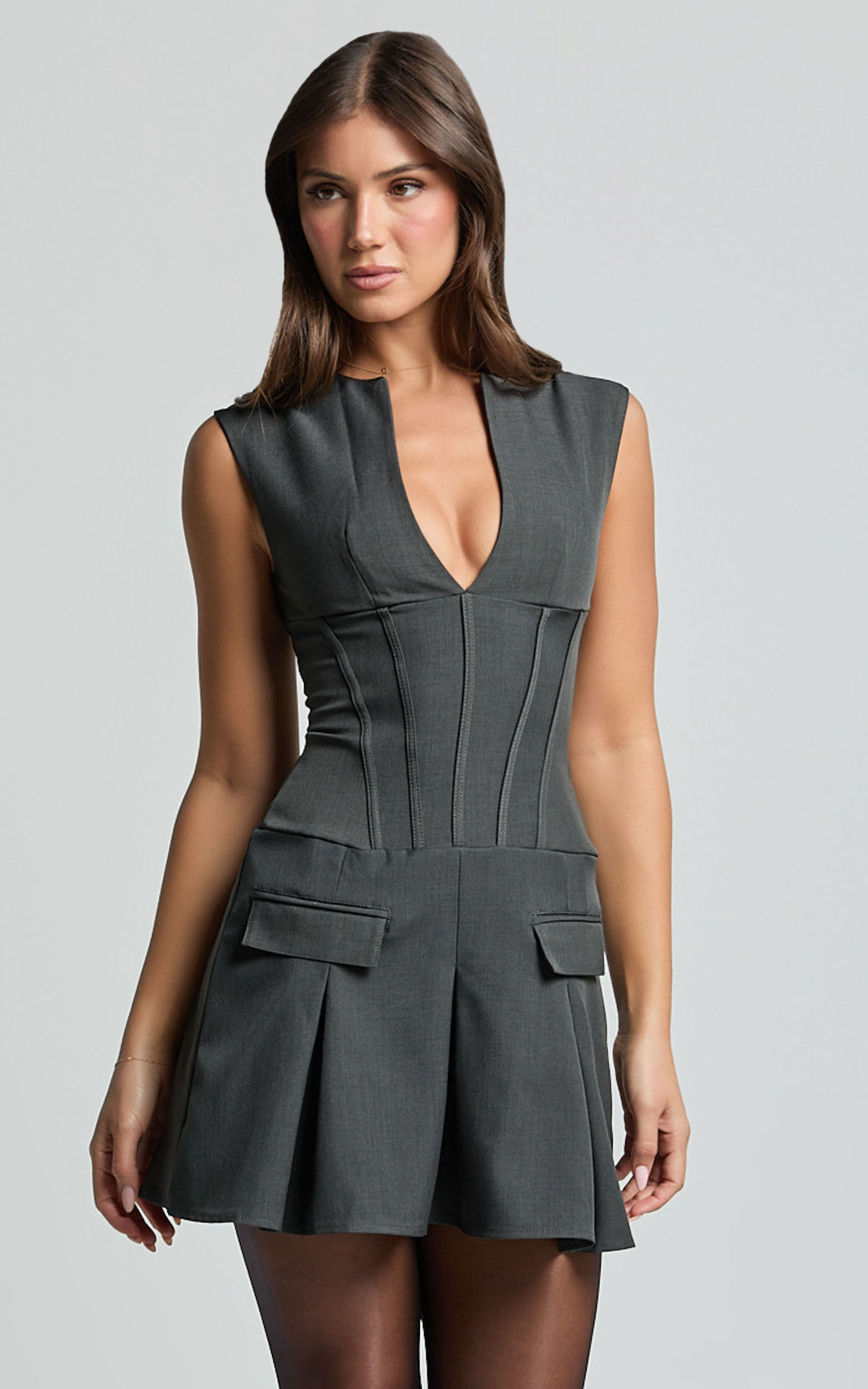 Mindy Mini Dress - Plunge Neck Pocket Detail Tailored Dress in Charcoal