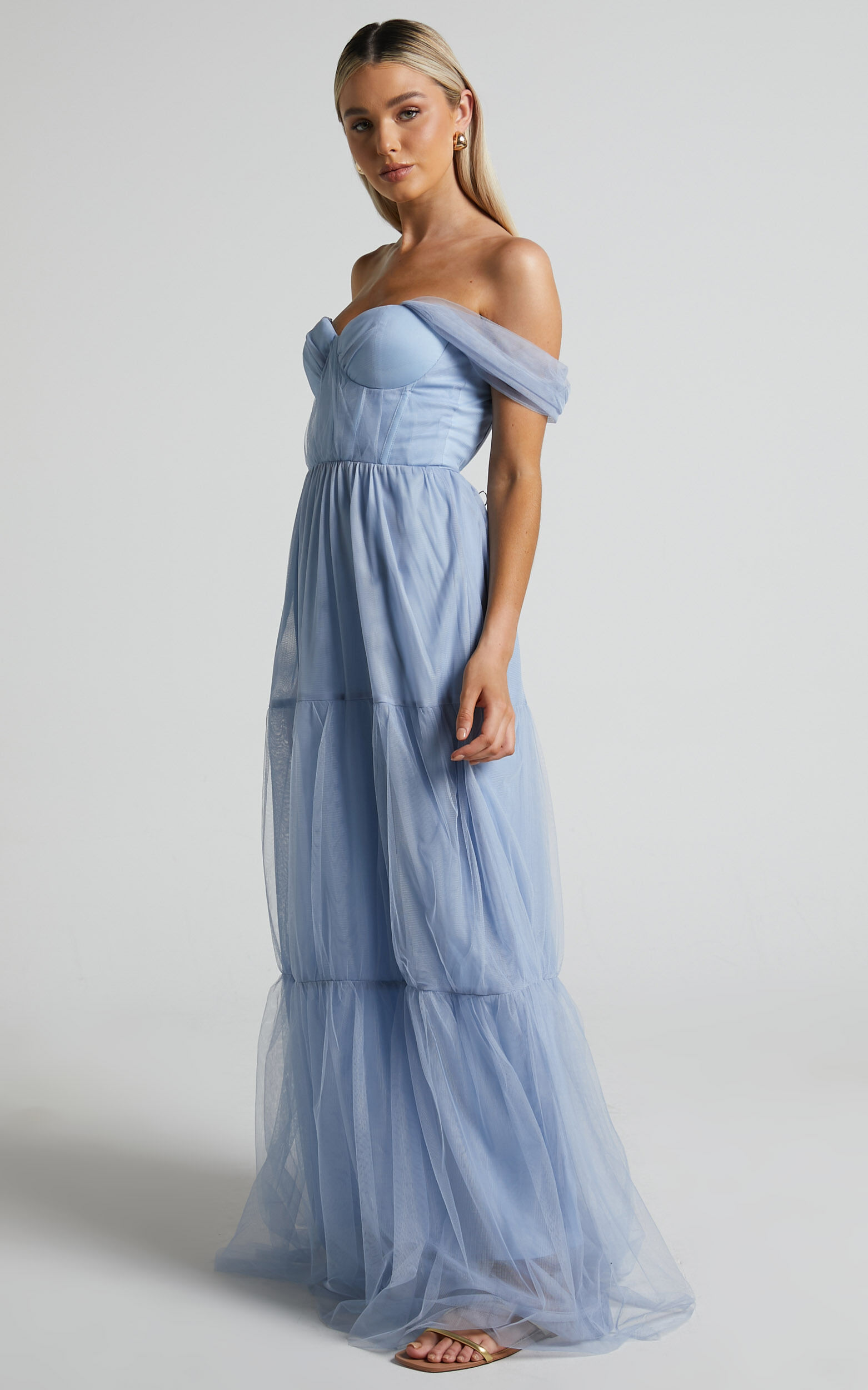 Ontario Maxi Dress - Off Shoulder Corset Bodice Tulle Dress in Light Blue