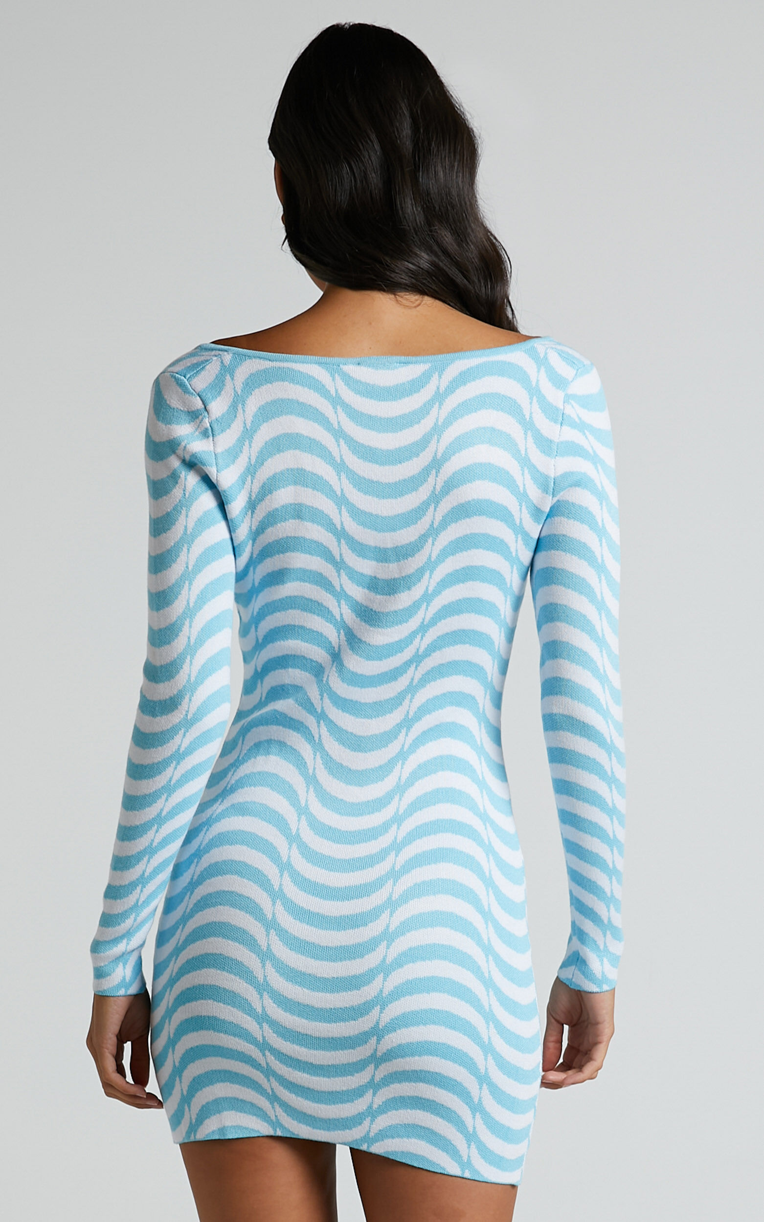 Lizia Mini Dress - Intarsia V Neck Long Sleeve Bodycon Dress in Wavy Stripe