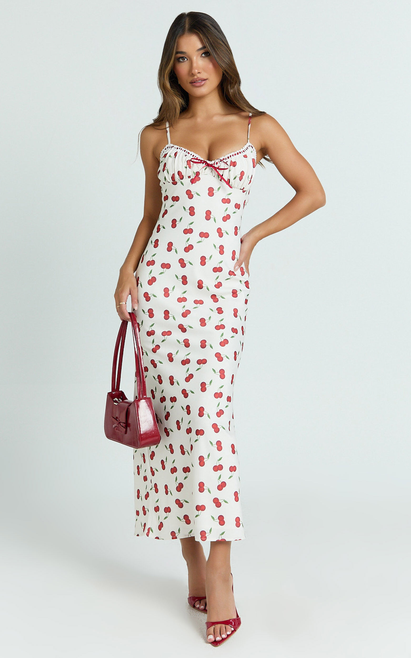 Bailey Midi Dress - Recycled Cherry Print Lace Trim Bias Cut Slip Dress in Blushing Cherries Print